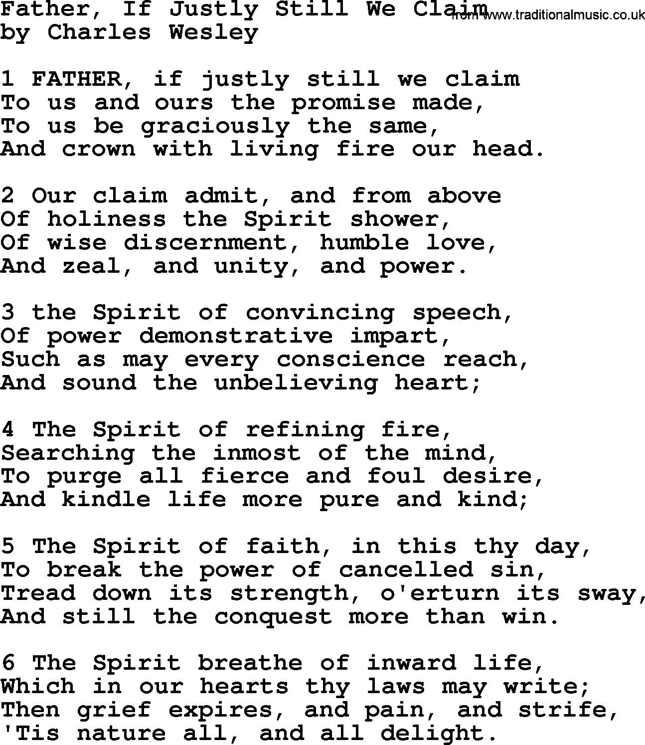 Charles Wesley hymn: Father, If Justly Still We Claim, lyrics