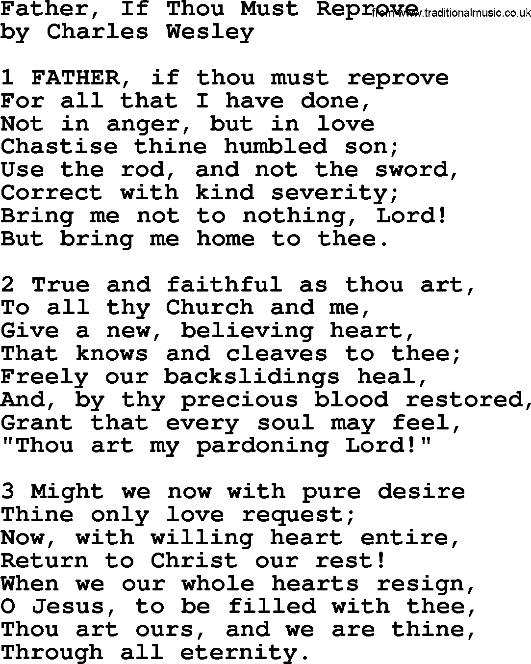 Charles Wesley hymn: Father, If Thou Must Reprove, lyrics