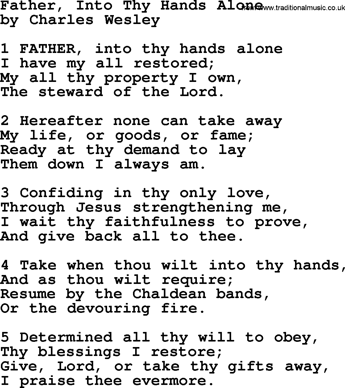 Charles Wesley hymn: Father, Into Thy Hands Alone, lyrics