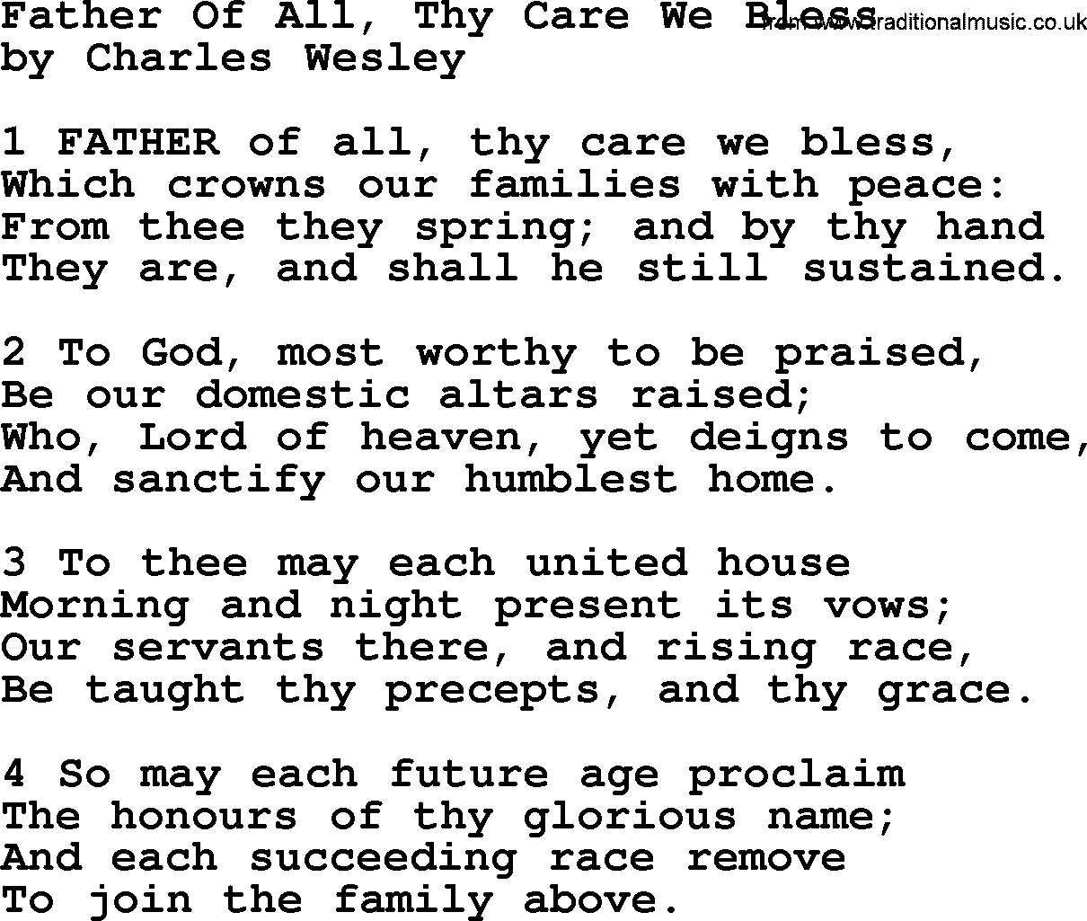 Charles Wesley hymn: Father Of All, Thy Care We Bless, lyrics