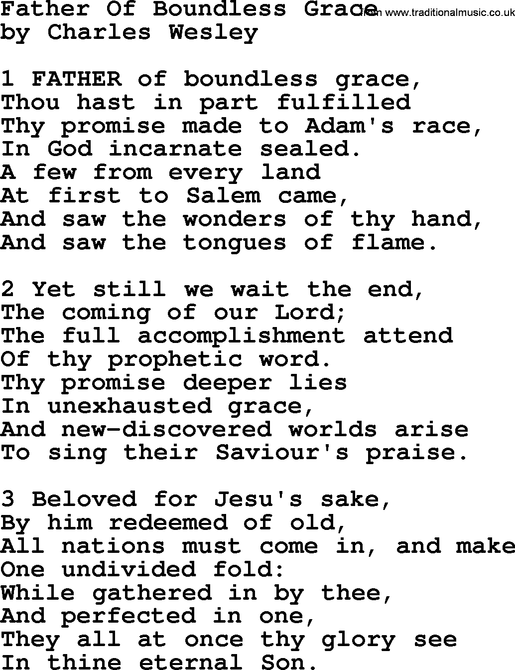 Charles Wesley hymn: Father Of Boundless Grace, lyrics
