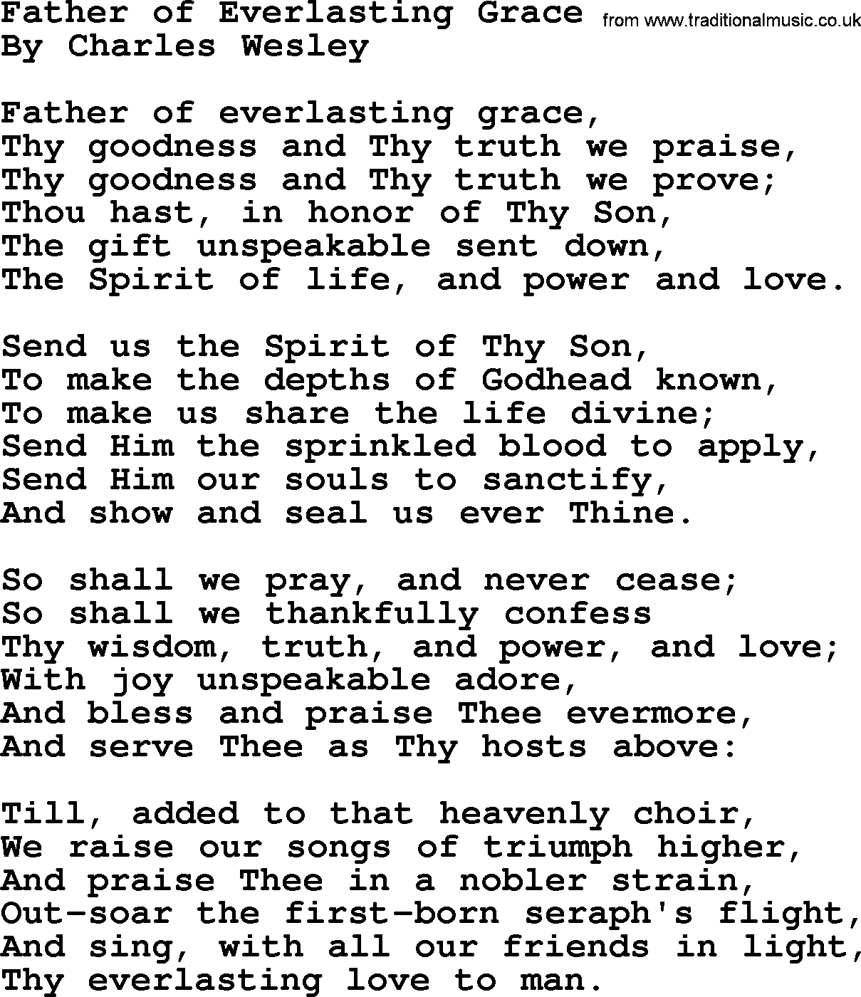 Charles Wesley hymn: Father of Everlasting Grace, lyrics