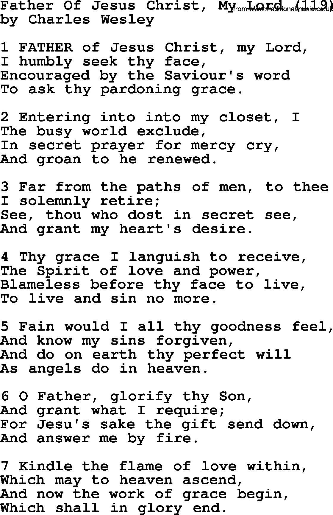 Charles Wesley hymn: Father Of Jesus Christ, My Lord (119), lyrics