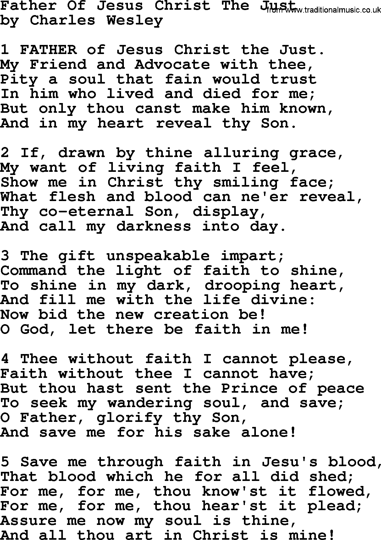 Charles Wesley hymn: Father Of Jesus Christ The Just, lyrics