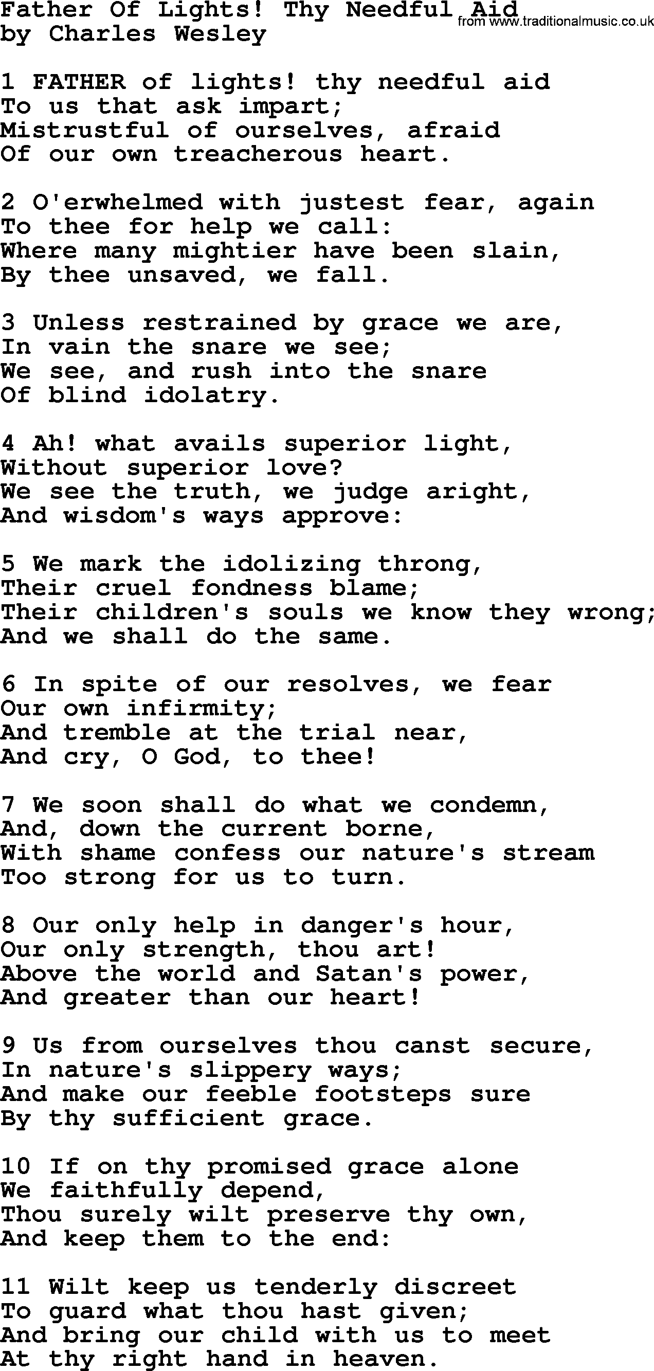 Charles Wesley hymn: Father Of Lights! Thy Needful Aid, lyrics