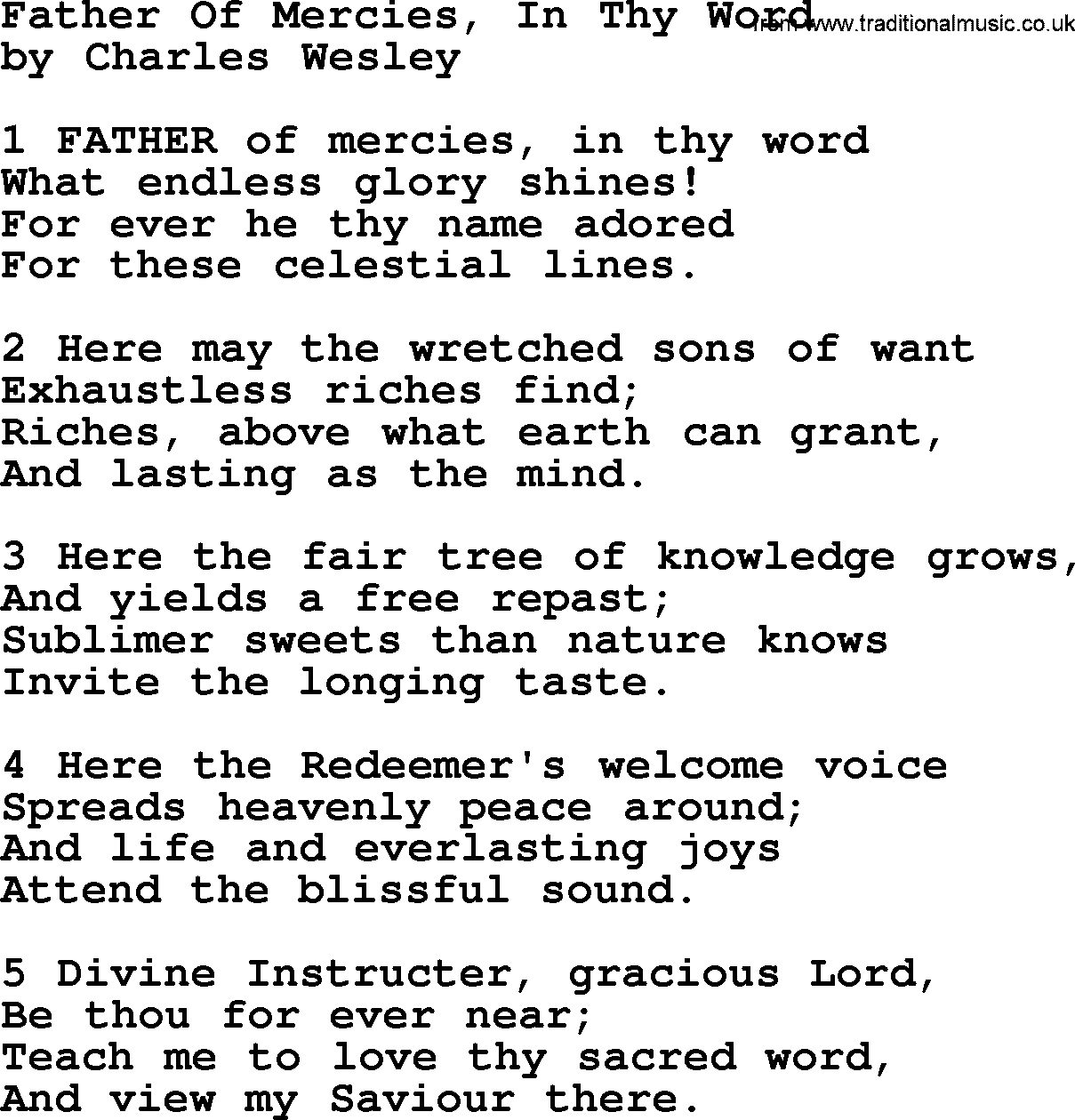 Charles Wesley hymn: Father Of Mercies, In Thy Word, lyrics