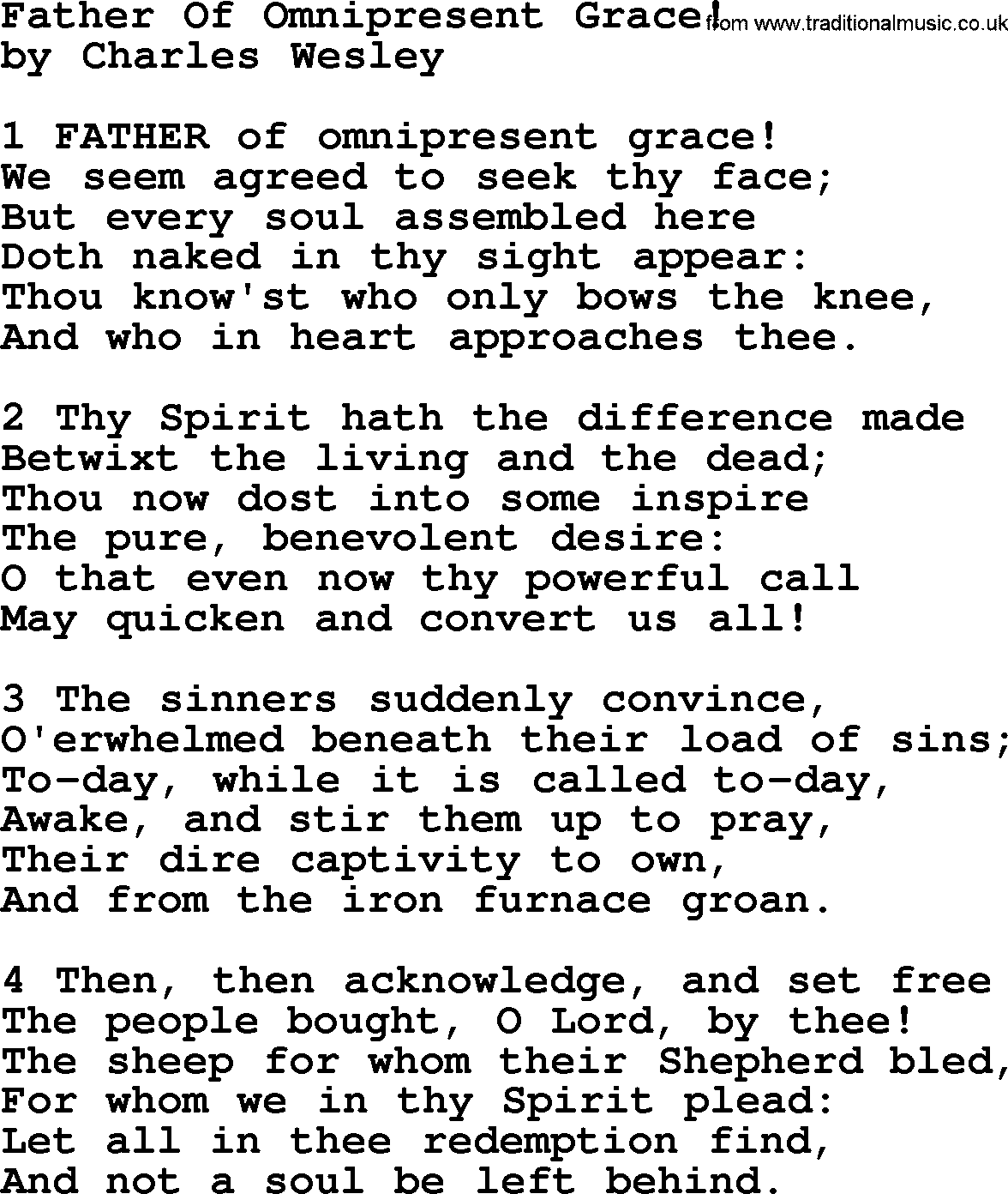Charles Wesley hymn: Father Of Omnipresent Grace!, lyrics