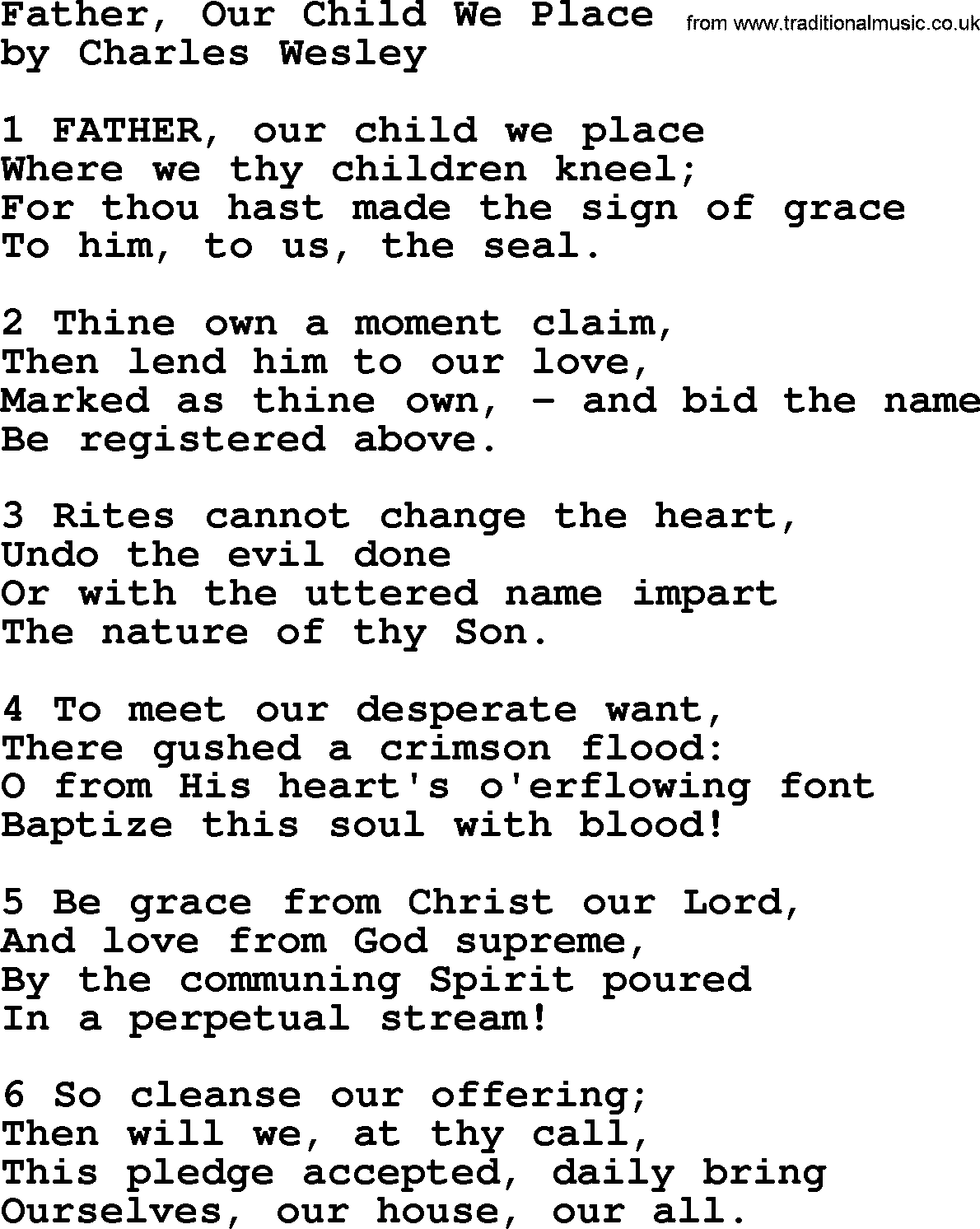 Charles Wesley hymn: Father, Our Child We Place, lyrics
