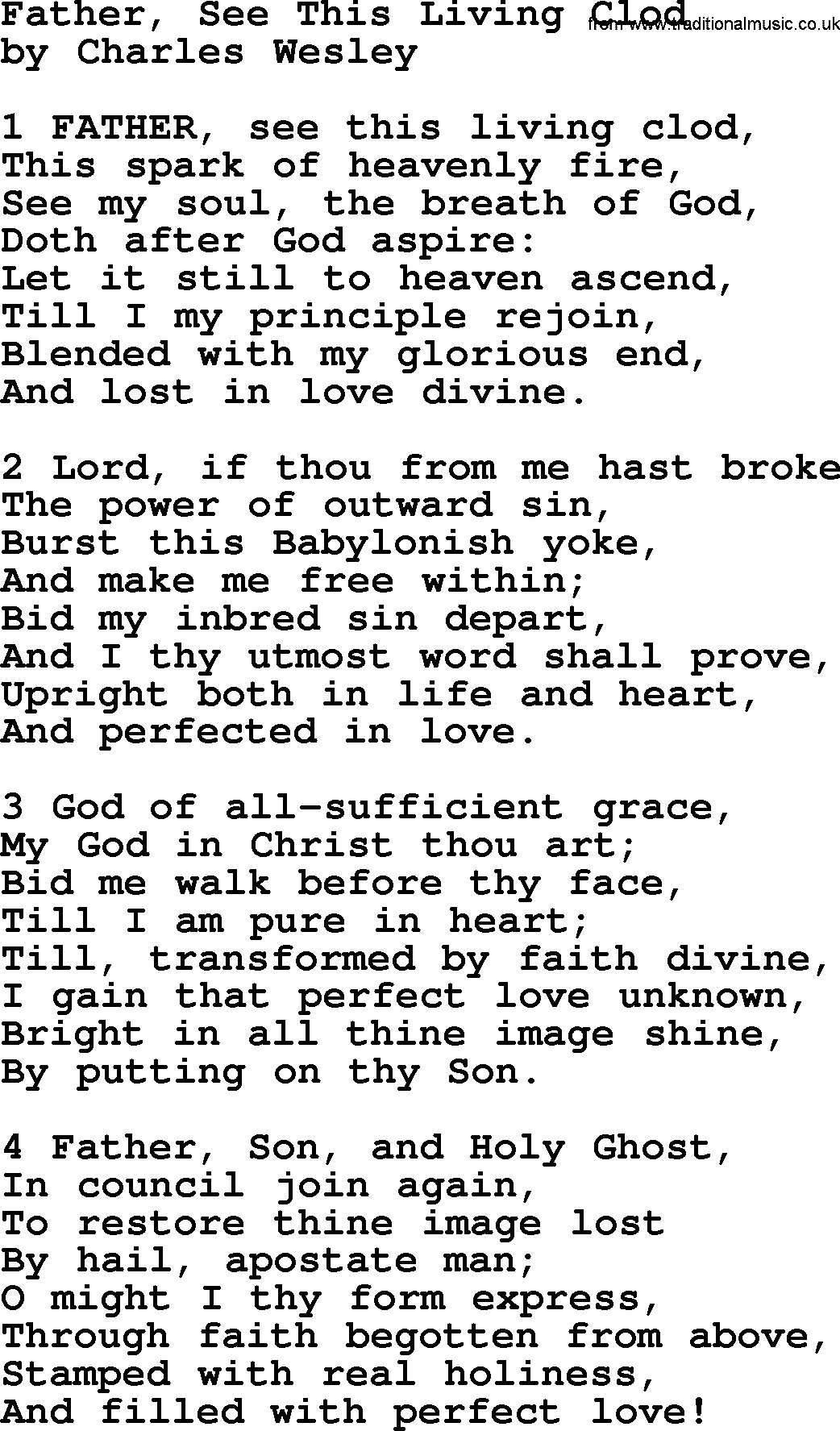 Charles Wesley hymn: Father, See This Living Clod, lyrics
