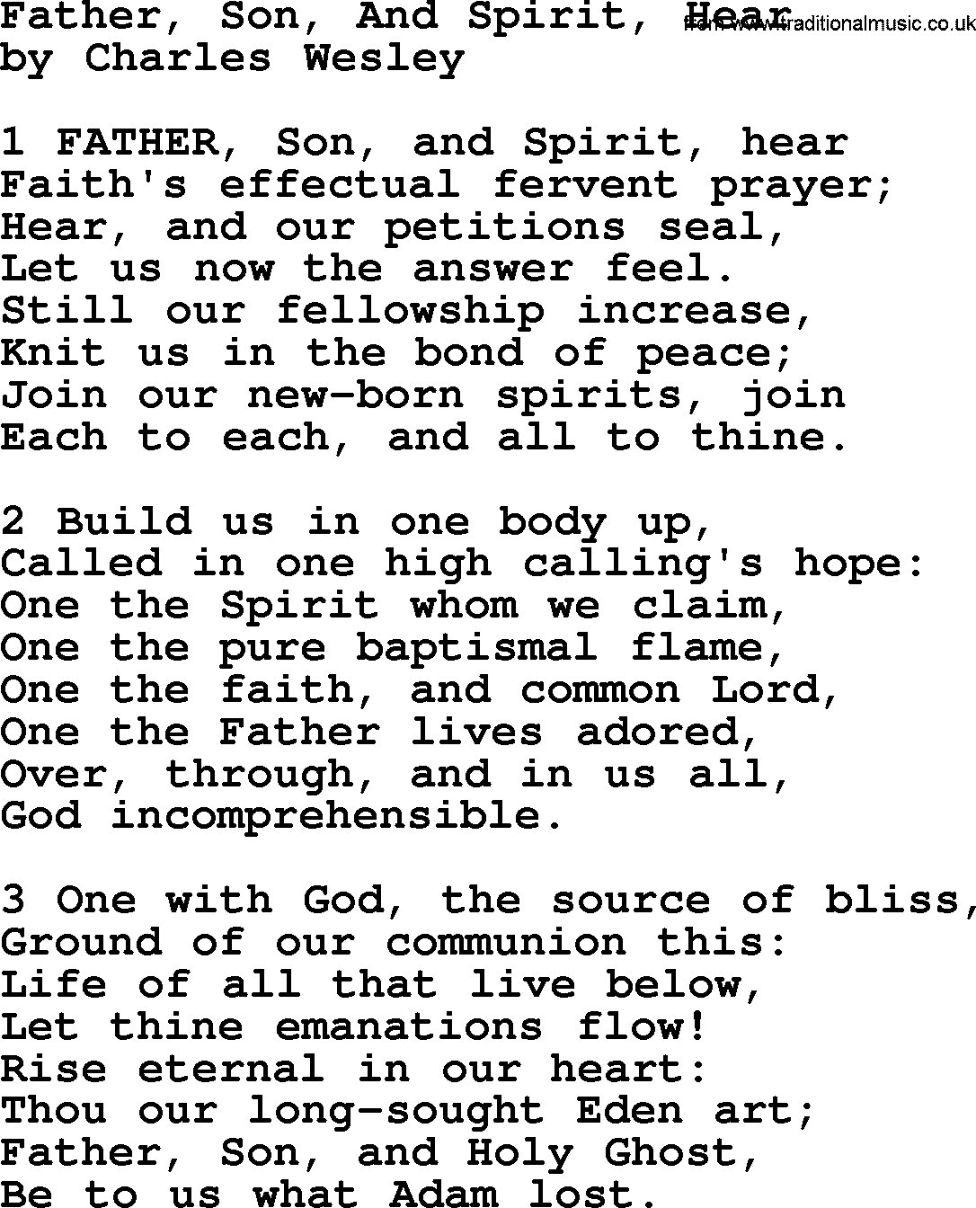 Charles Wesley hymn: Father, Son, And Spirit, Hear, lyrics