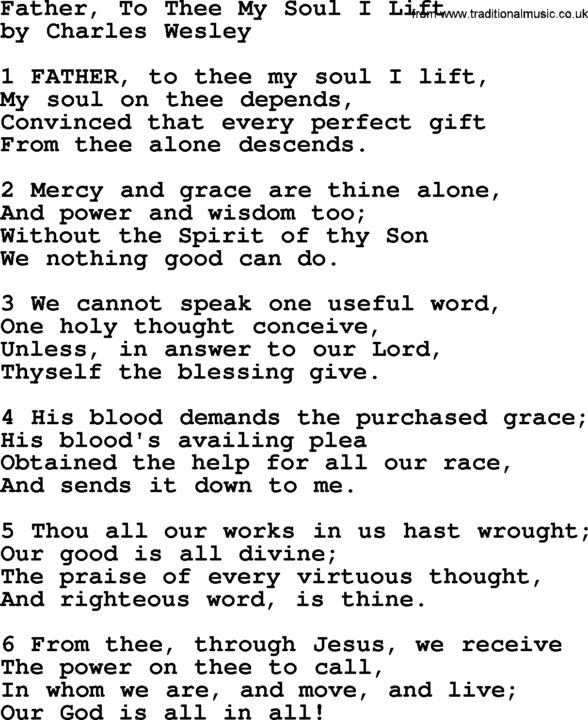 Charles Wesley hymn: Father, To Thee My Soul I Lift, lyrics