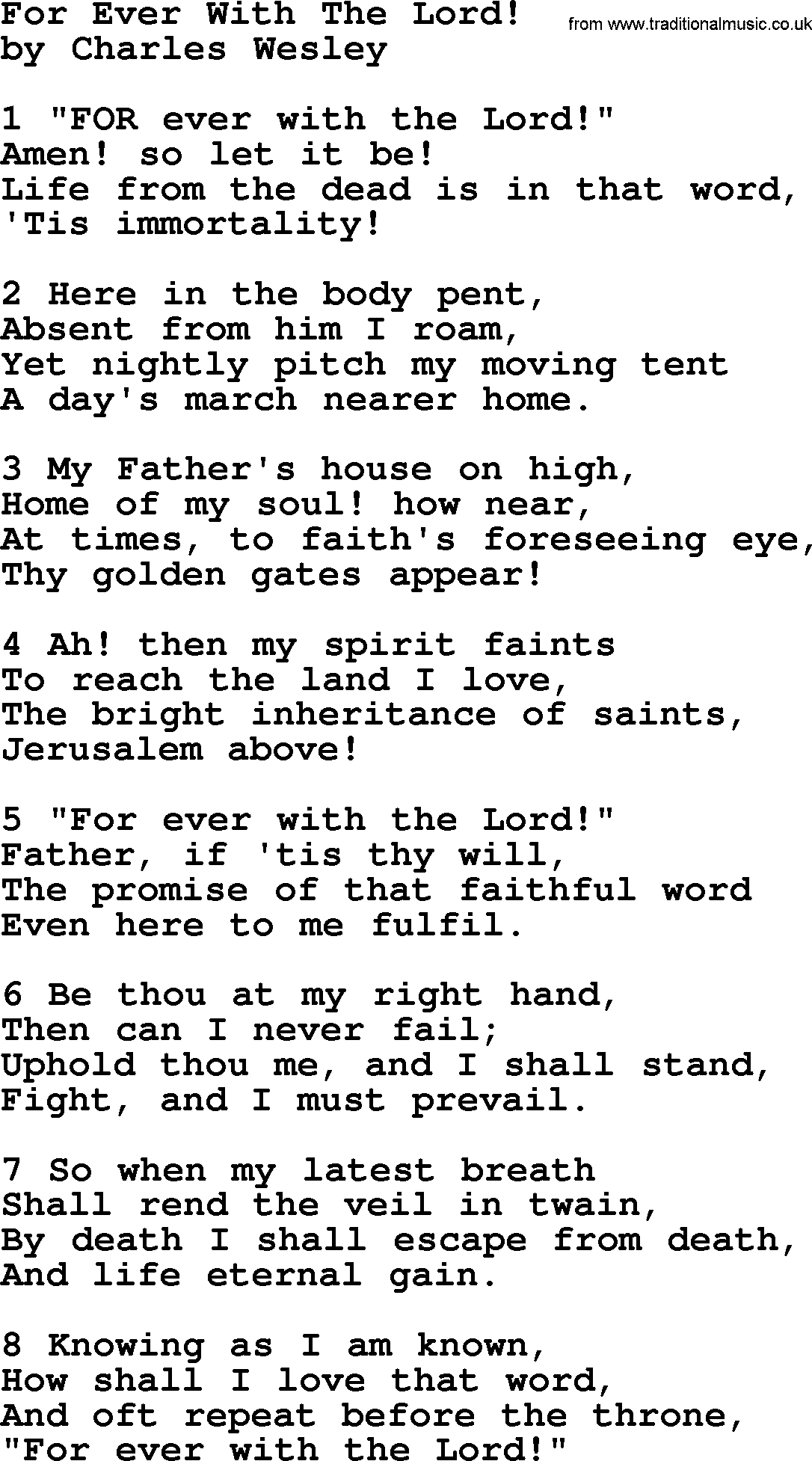 Charles Wesley hymn: For Ever With The Lord!, lyrics