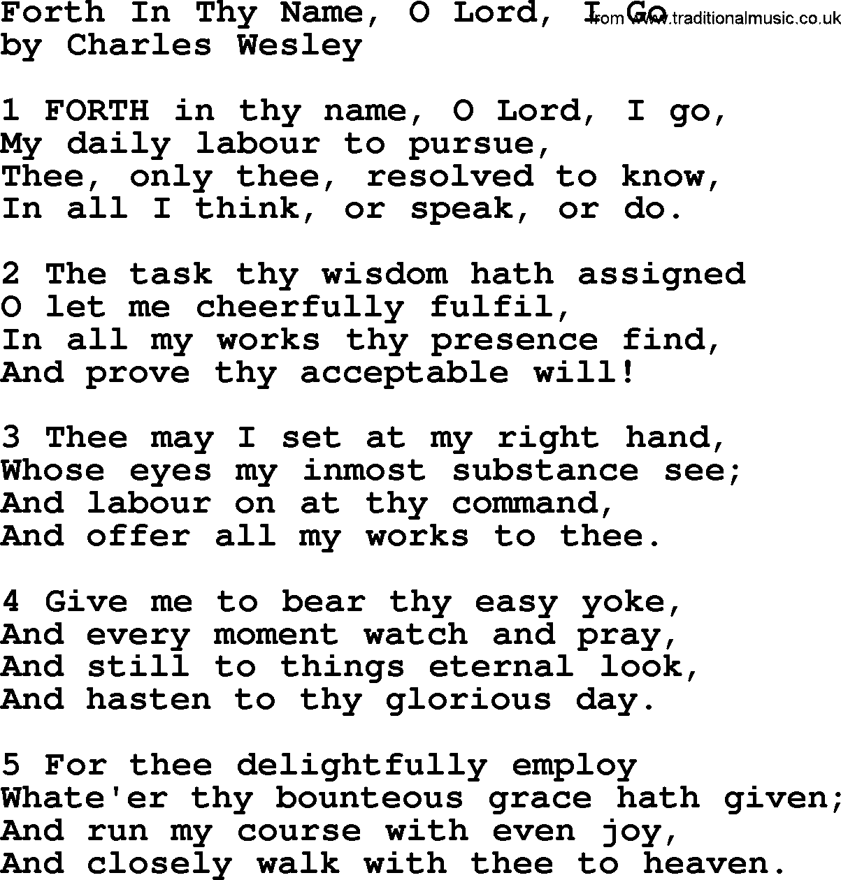Charles Wesley hymn: Forth In Thy Name, O Lord, I Go, lyrics