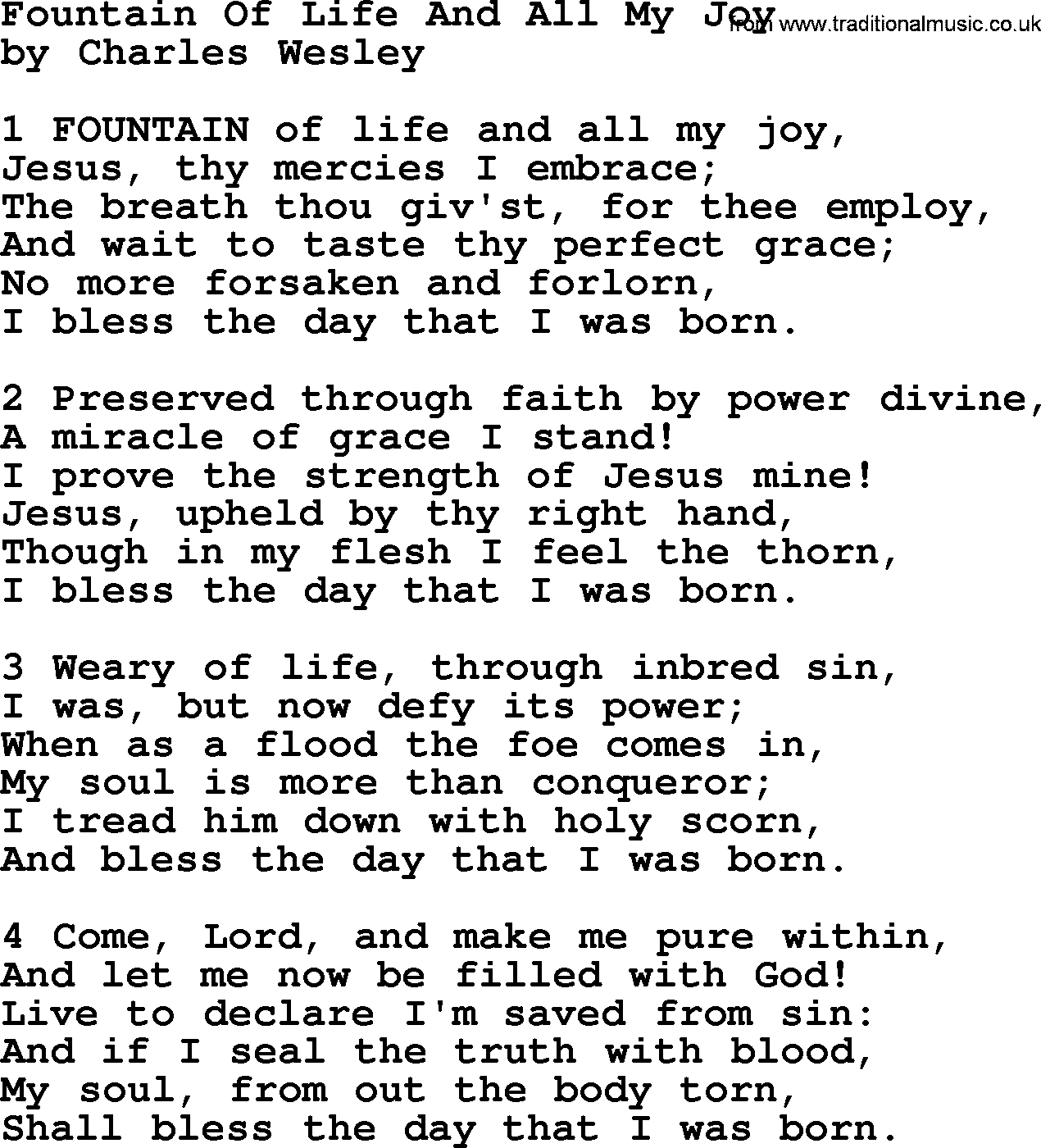 Charles Wesley hymn: Fountain Of Life And All My Joy, lyrics