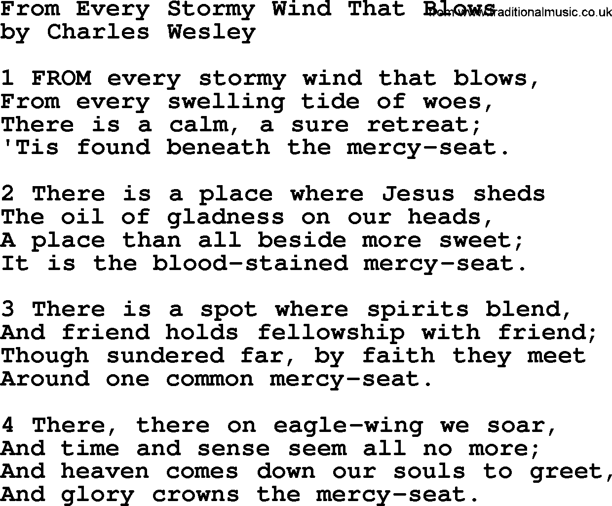 Charles Wesley hymn: From Every Stormy Wind That Blows, lyrics