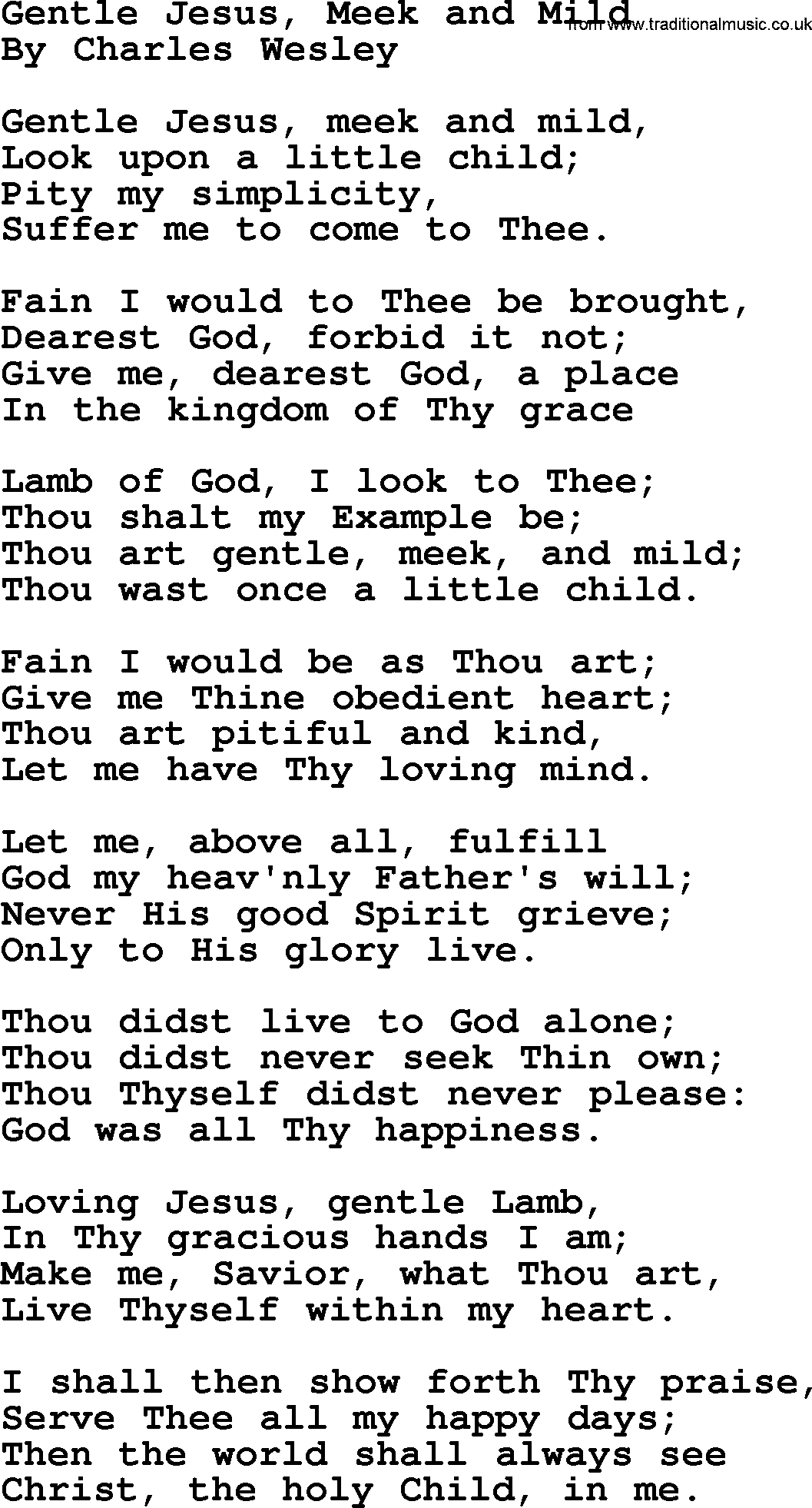 Charles Wesley hymn: Gentle Jesus, Meek and Mild, lyrics