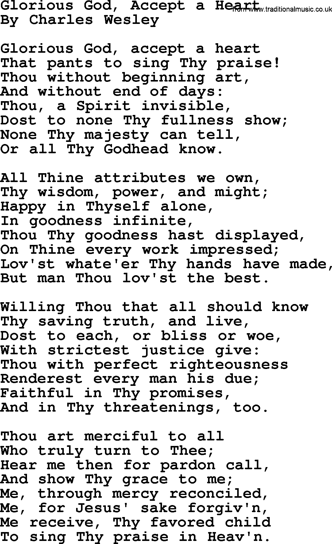 Charles Wesley hymn: Glorious God, Accept A Heart, lyrics