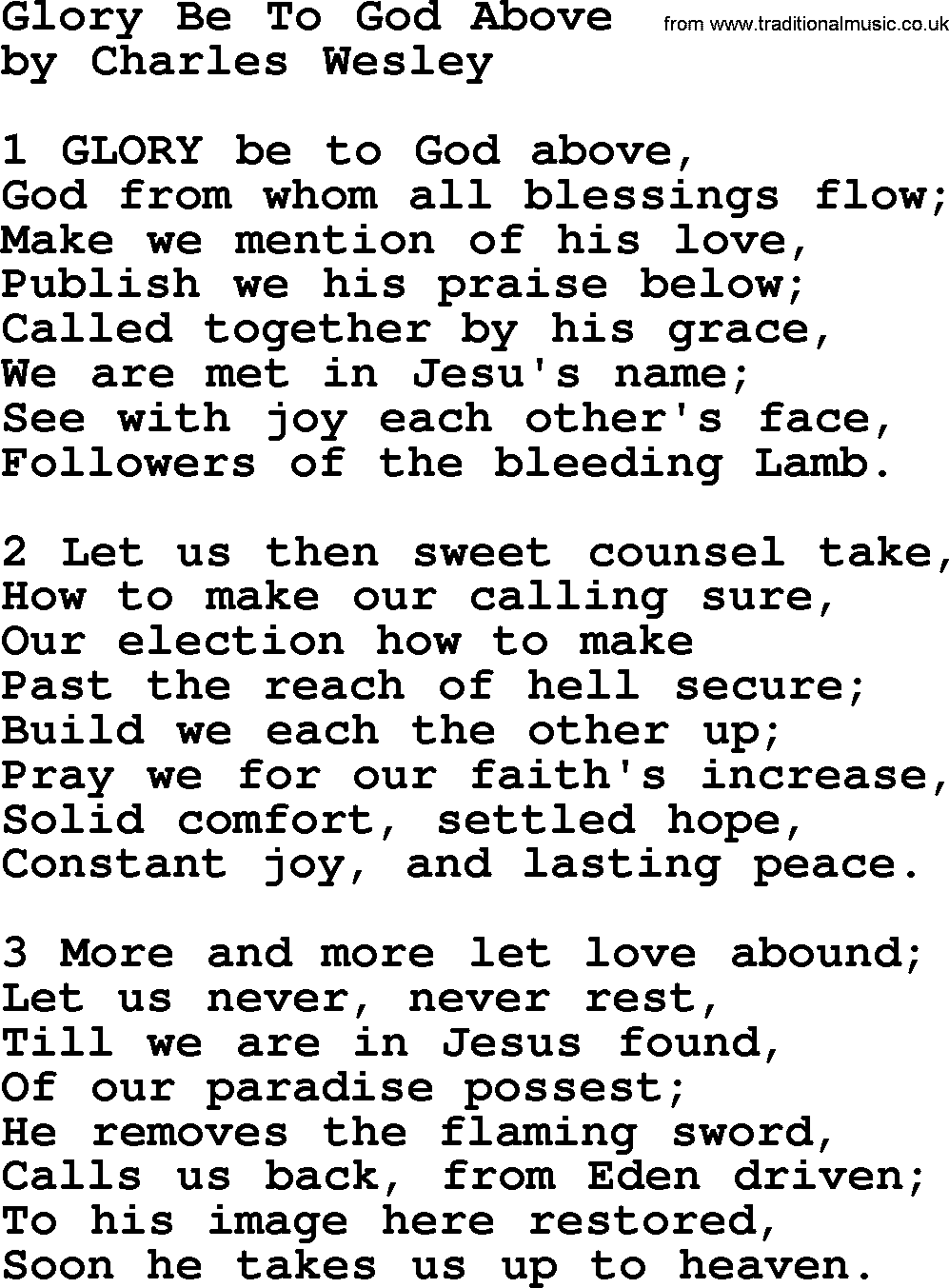 Charles Wesley hymn: Glory Be To God Above, lyrics
