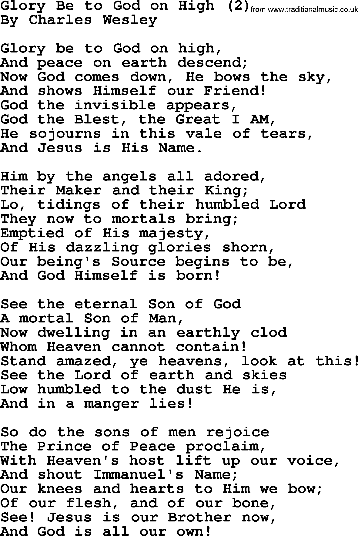 Charles Wesley hymn: Glory Be to God on High (2), lyrics