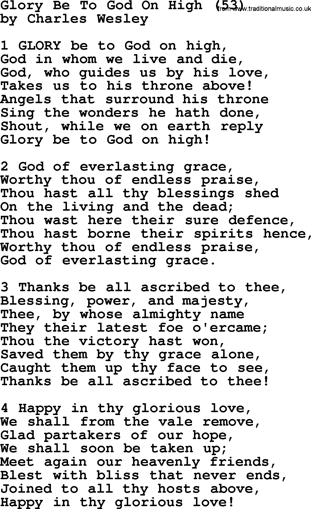 Charles Wesley hymn: Glory Be To God On High (53), lyrics