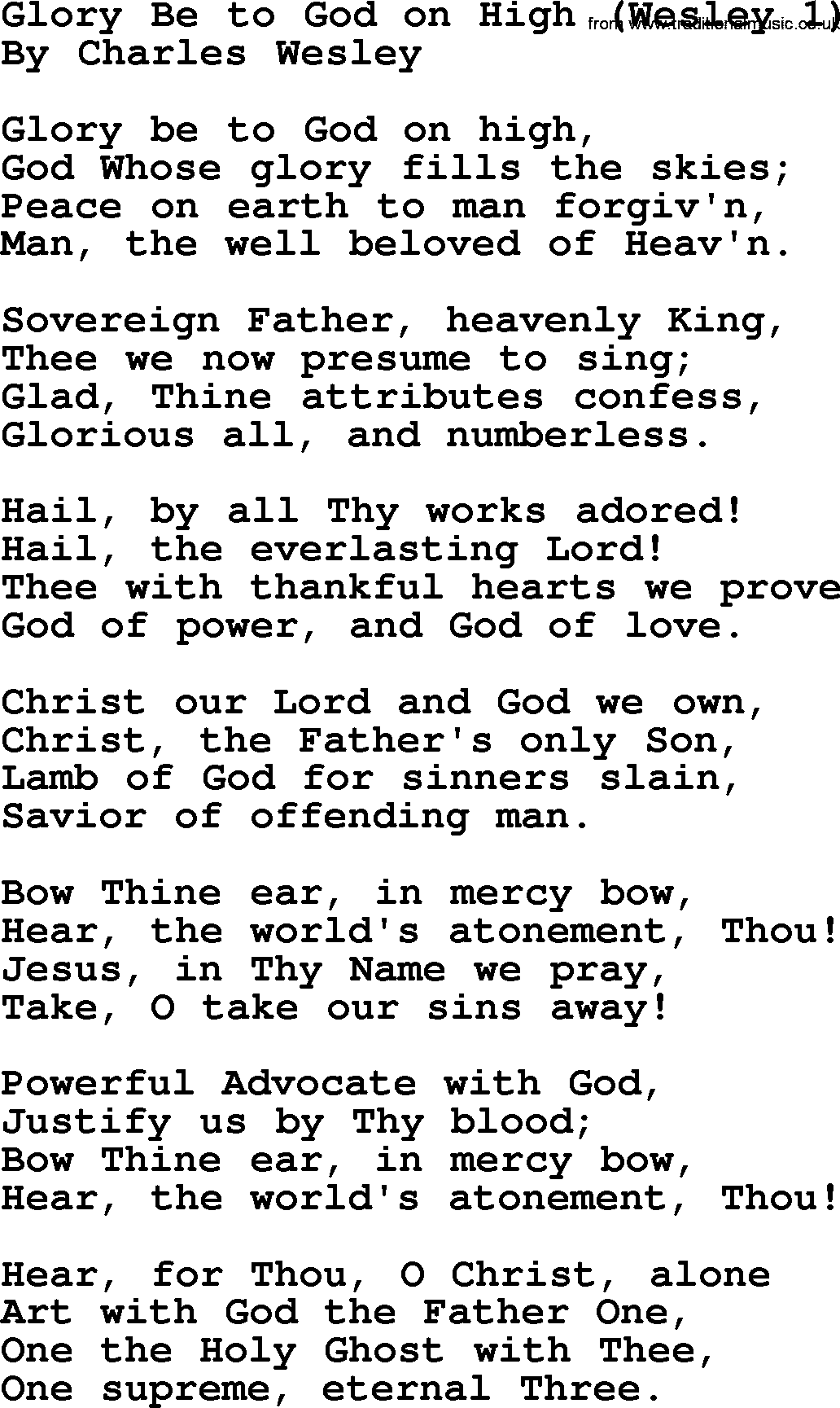 Charles Wesley hymn: Glory Be to God on High (Wesley 1), lyrics