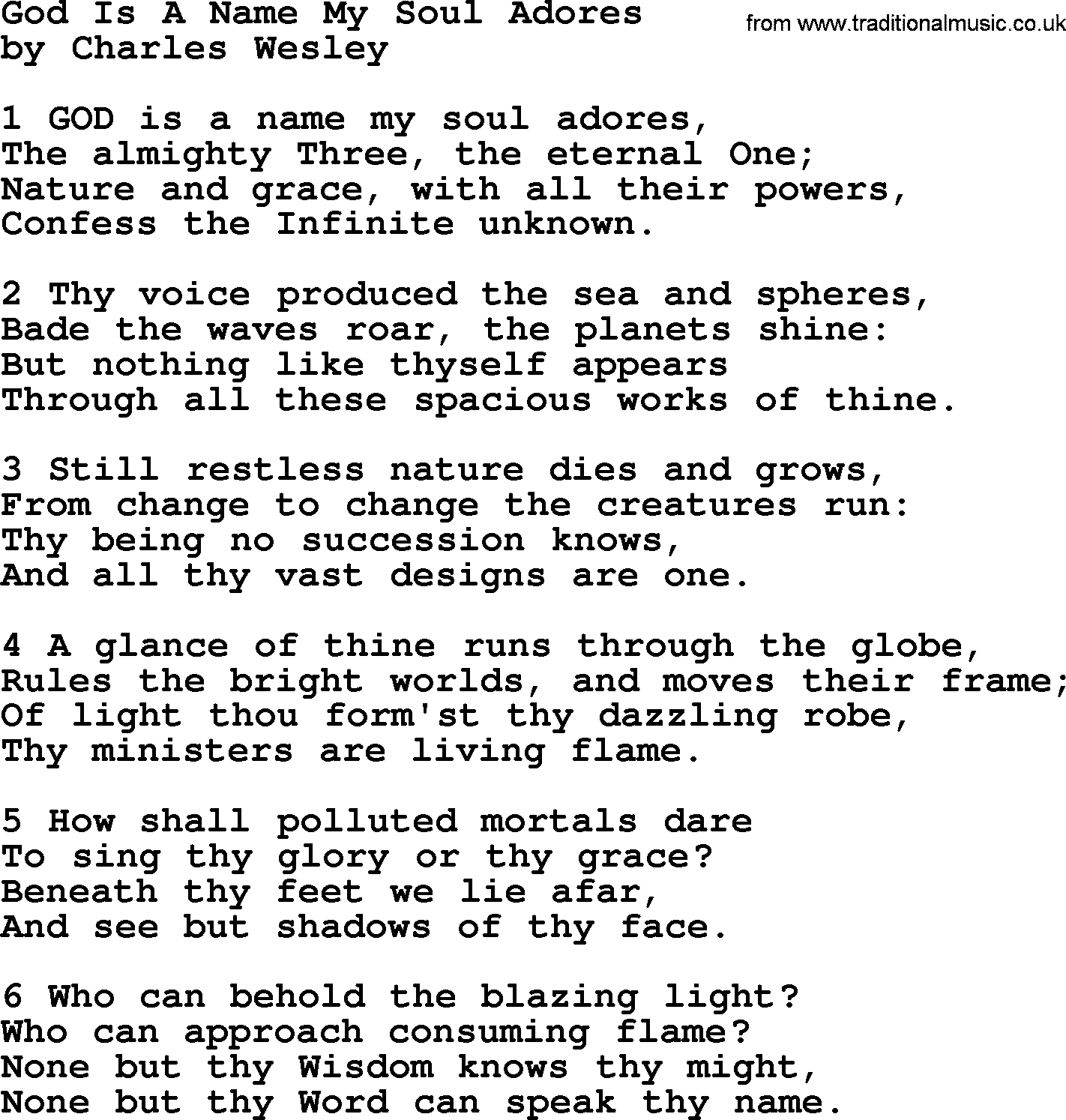 Charles Wesley hymn: God Is A Name My Soul Adores, lyrics