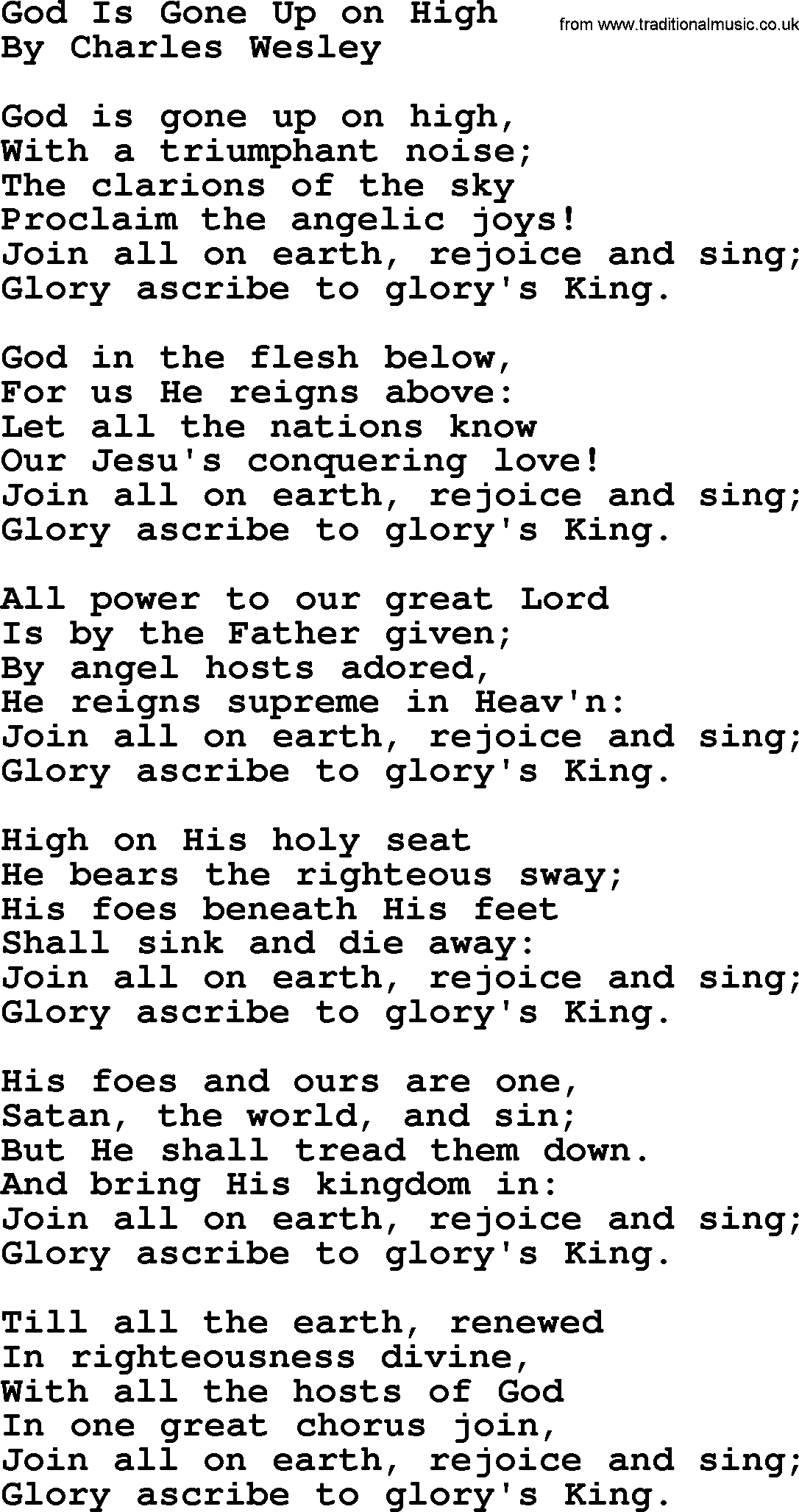 Charles Wesley hymn: God Is Gone Up On High, lyrics