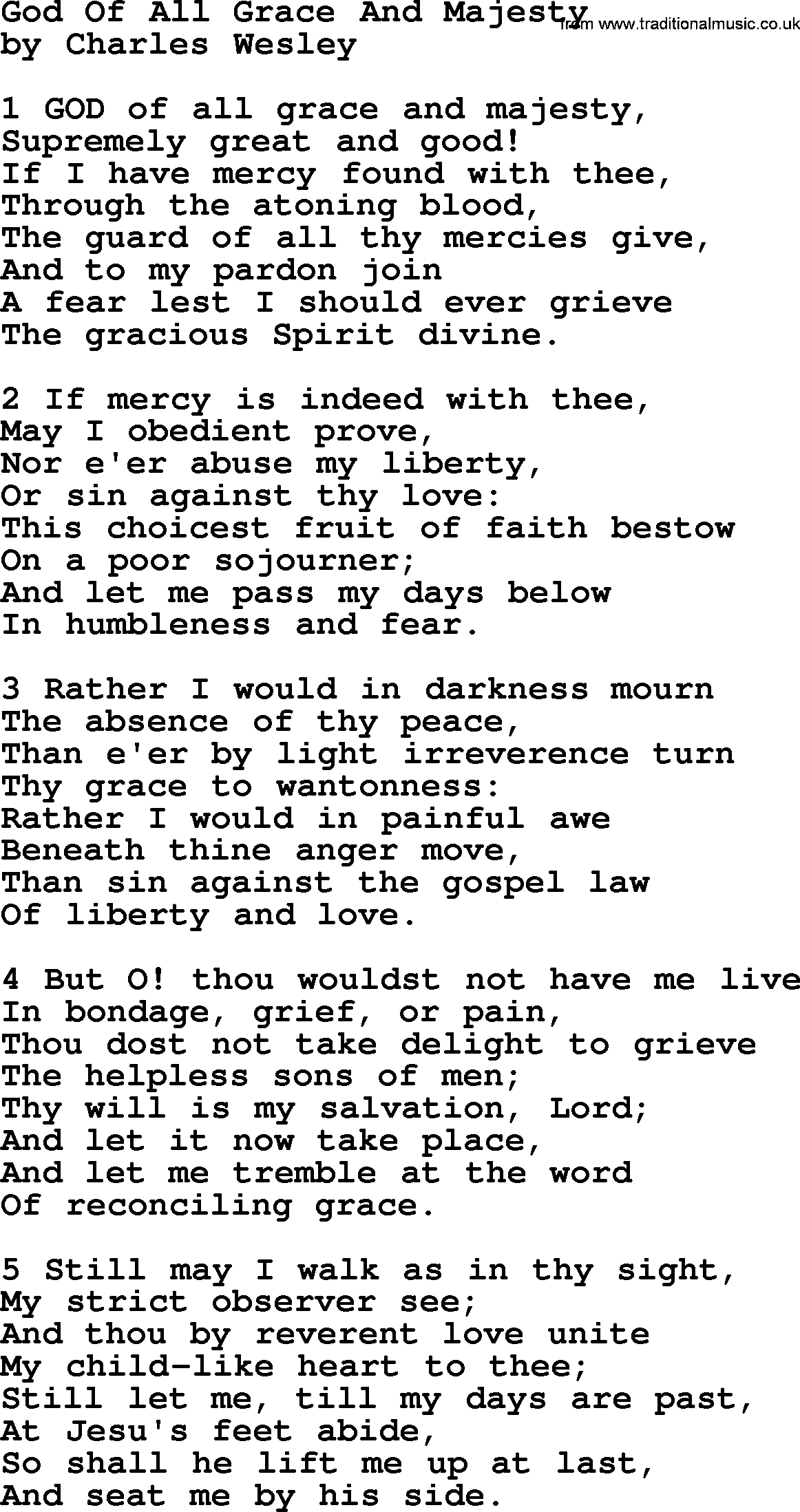 Charles Wesley hymn: God Of All Grace And Majesty, lyrics