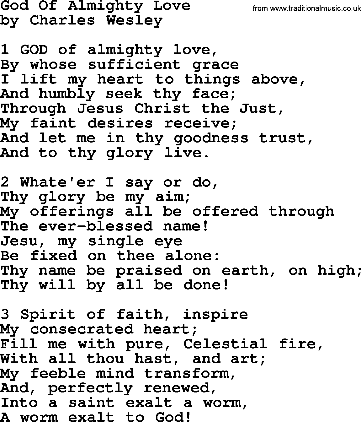 Charles Wesley hymn: God Of Almighty Love, lyrics