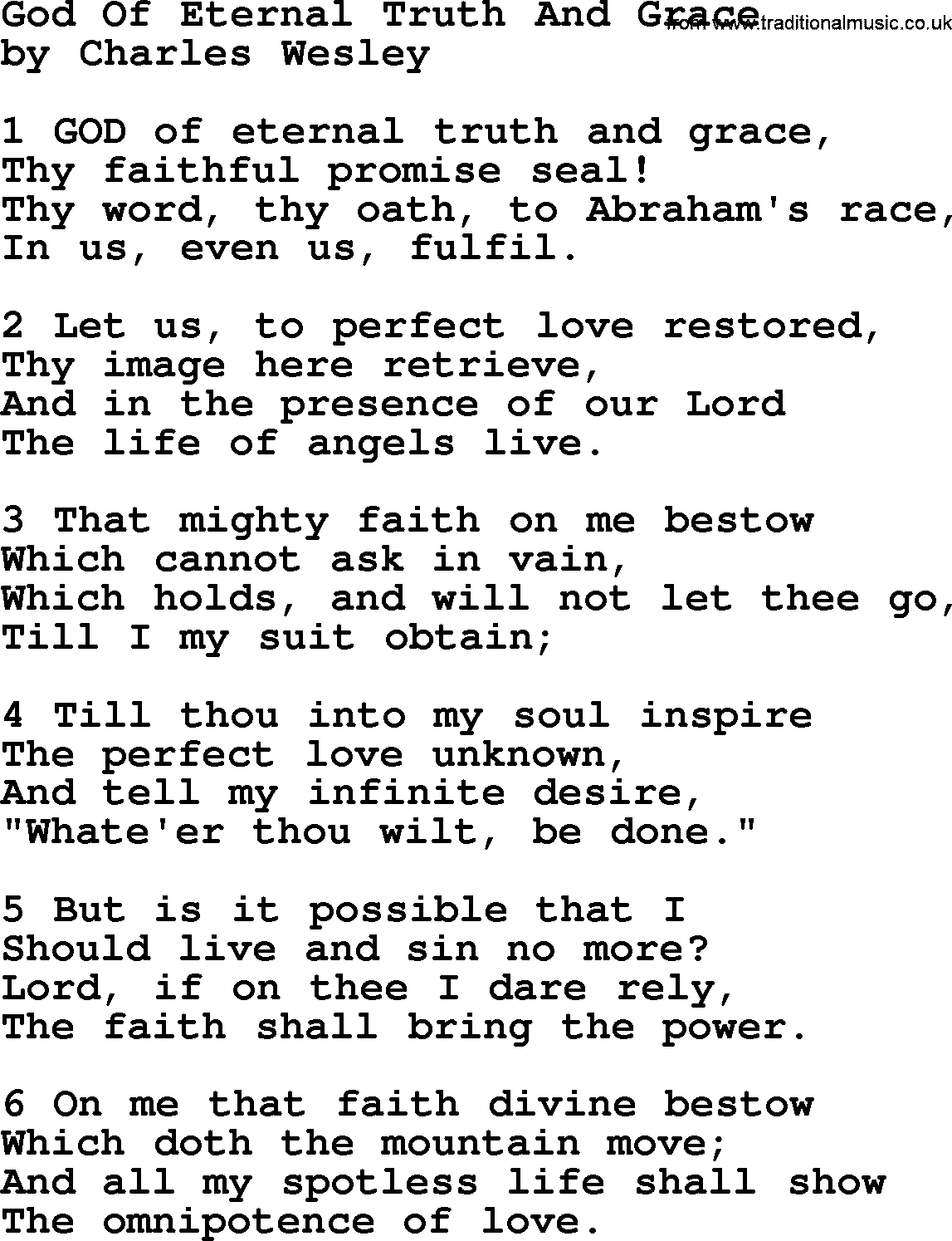 Charles Wesley hymn: God Of Eternal Truth And Grace, lyrics