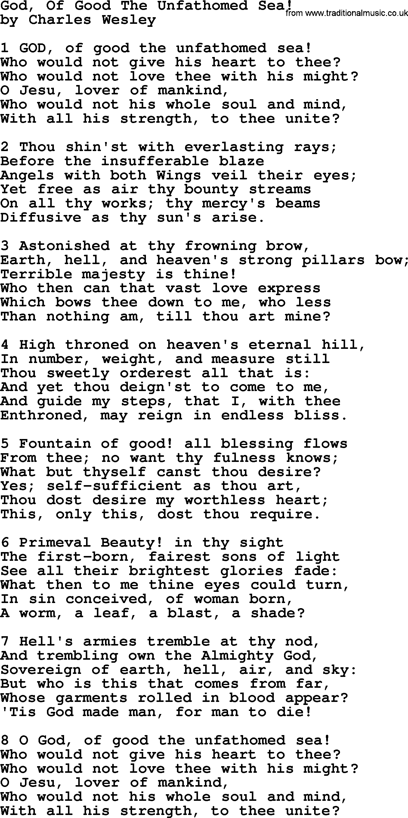 Charles Wesley hymn: God, Of Good The Unfathomed Sea!, lyrics