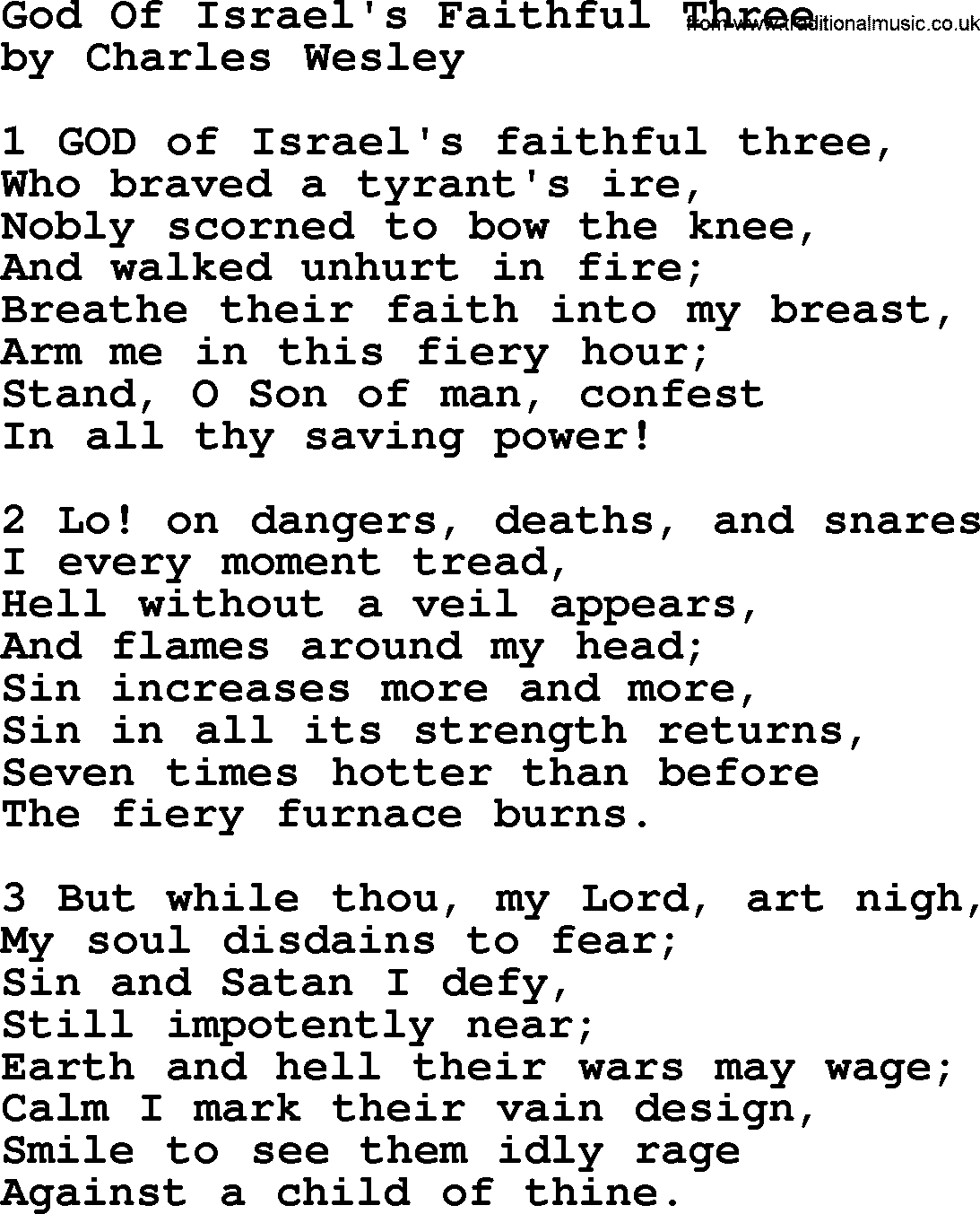 Charles Wesley hymn: God Of Israel's Faithful Three, lyrics
