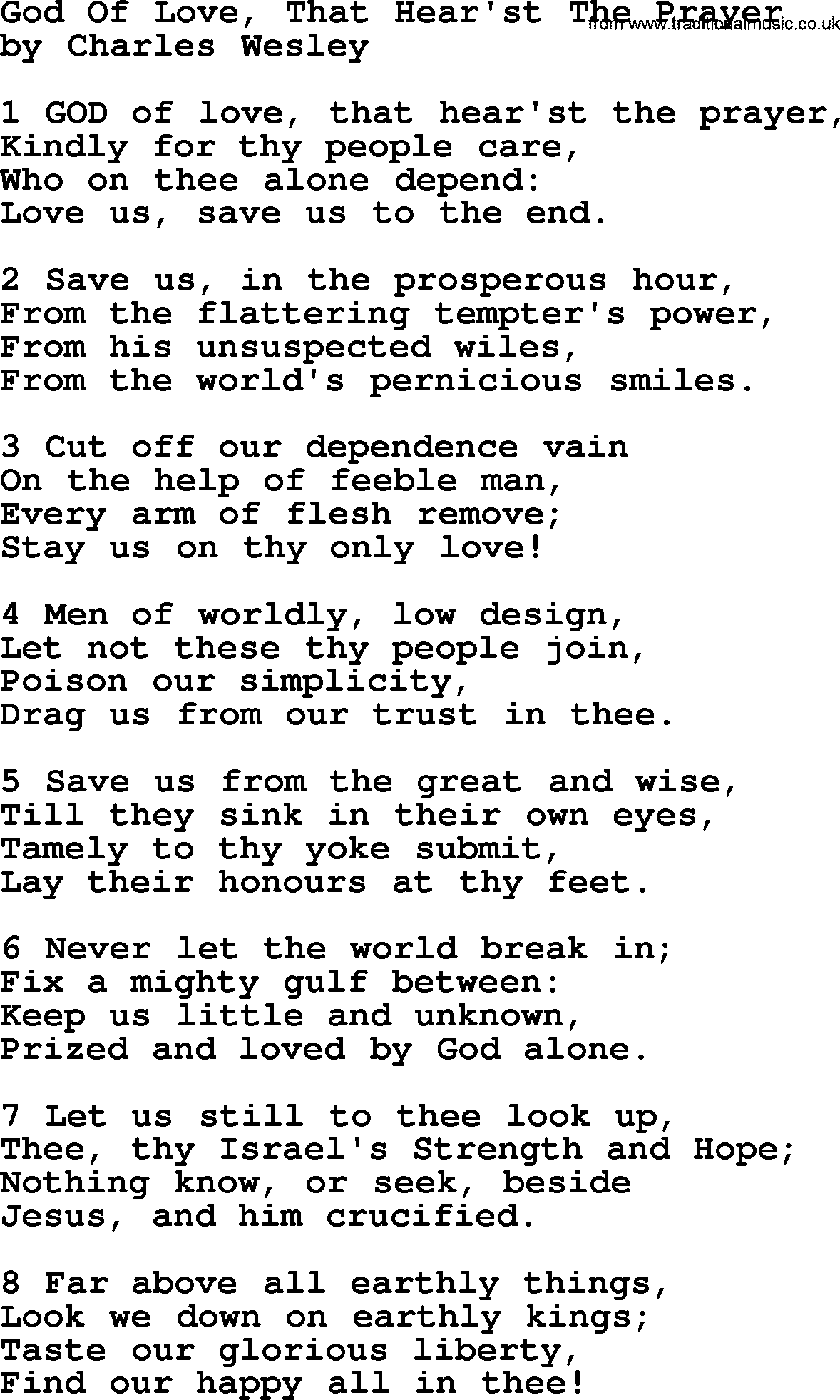 Charles Wesley hymn: God Of Love, That Hear'st The Prayer, lyrics