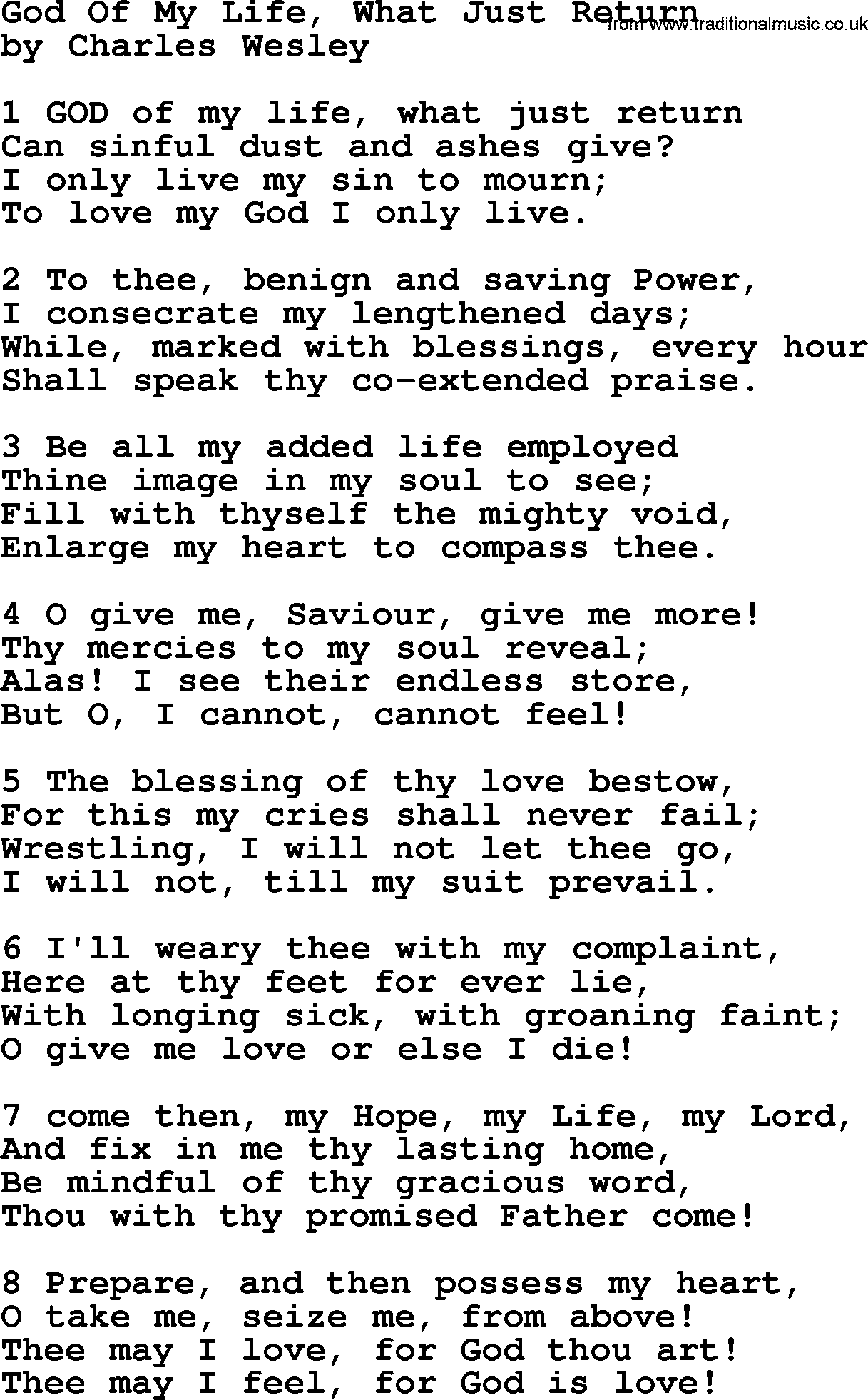 Charles Wesley hymn: God Of My Life, What Just Return, lyrics