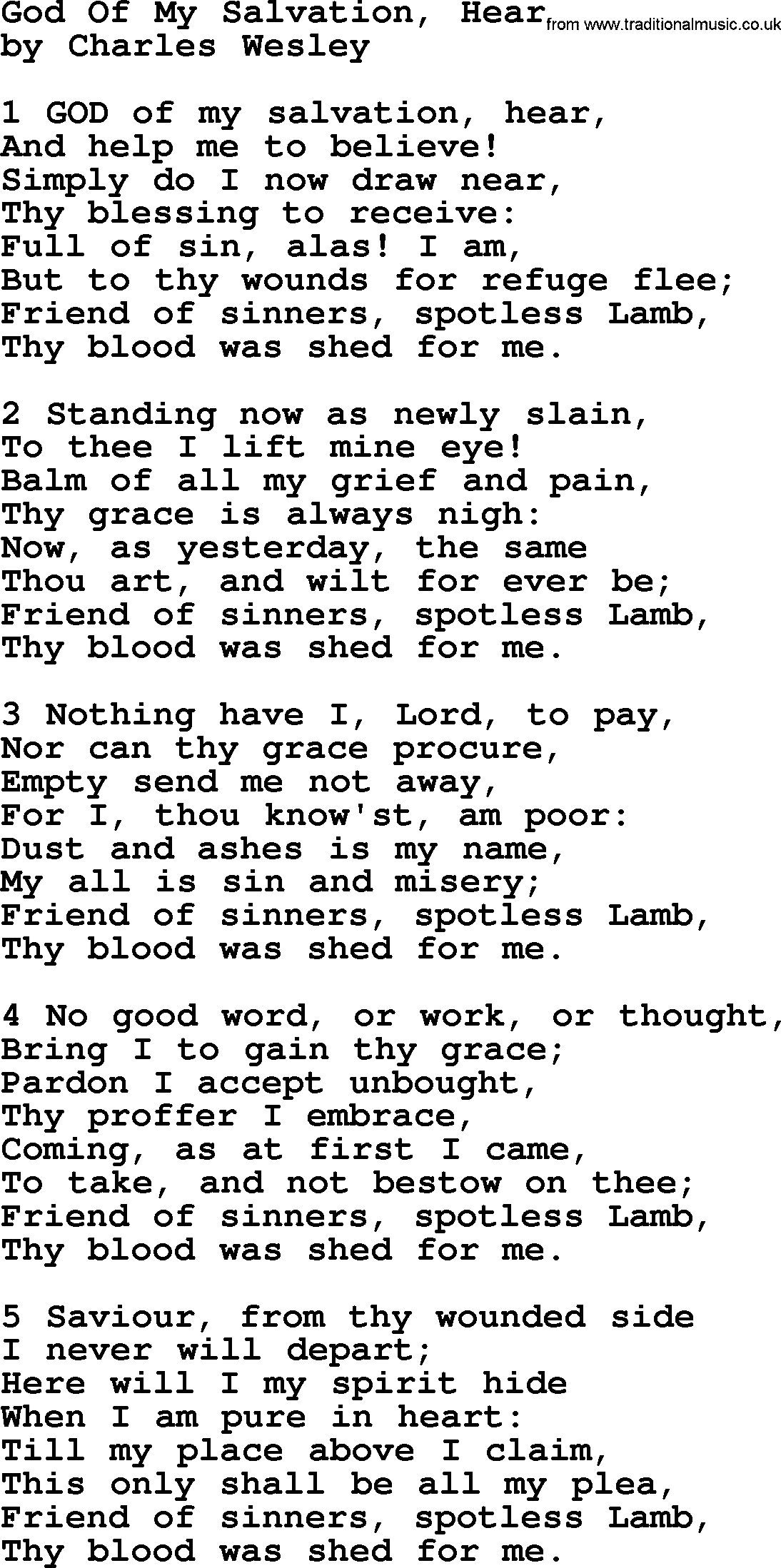 Charles Wesley hymn: God Of My Salvation, Hear, lyrics
