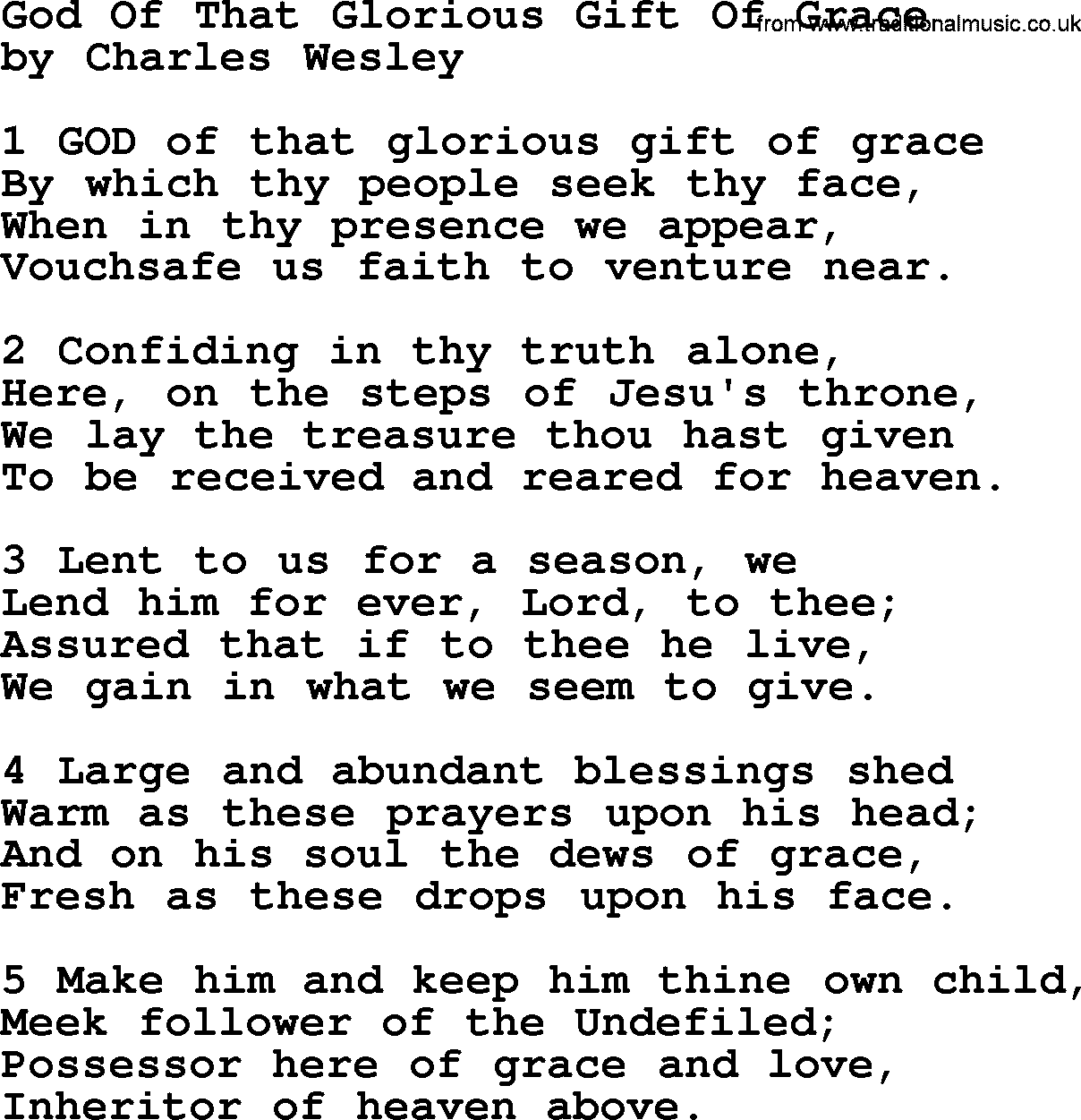 Charles Wesley hymn: God Of That Glorious Gift Of Grace, lyrics