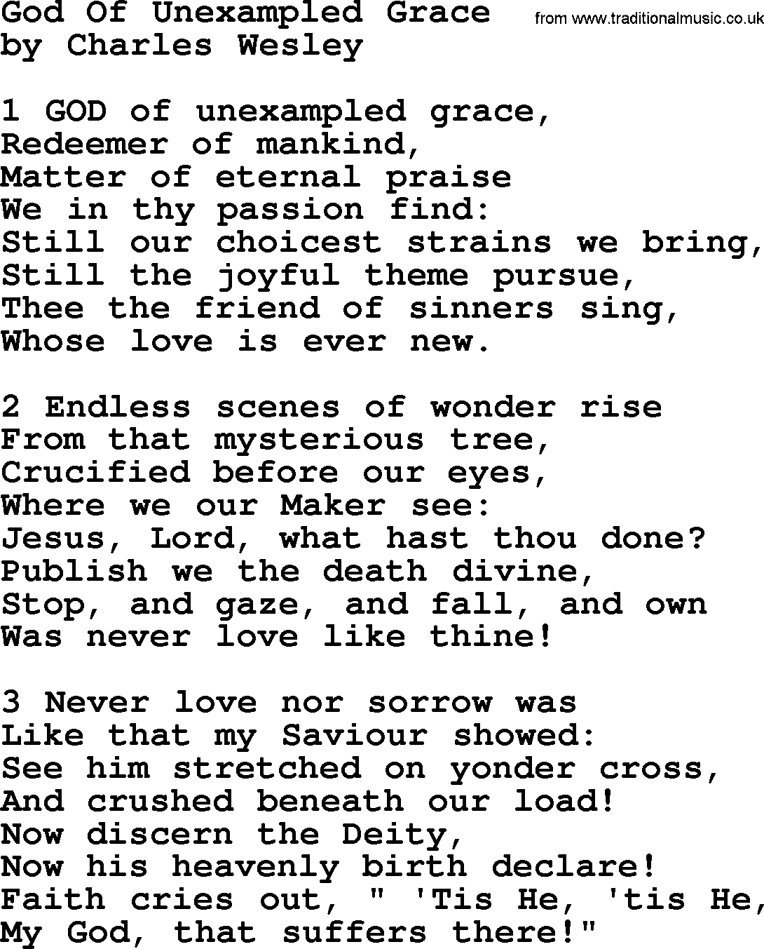 Charles Wesley hymn: God Of Unexampled Grace, lyrics