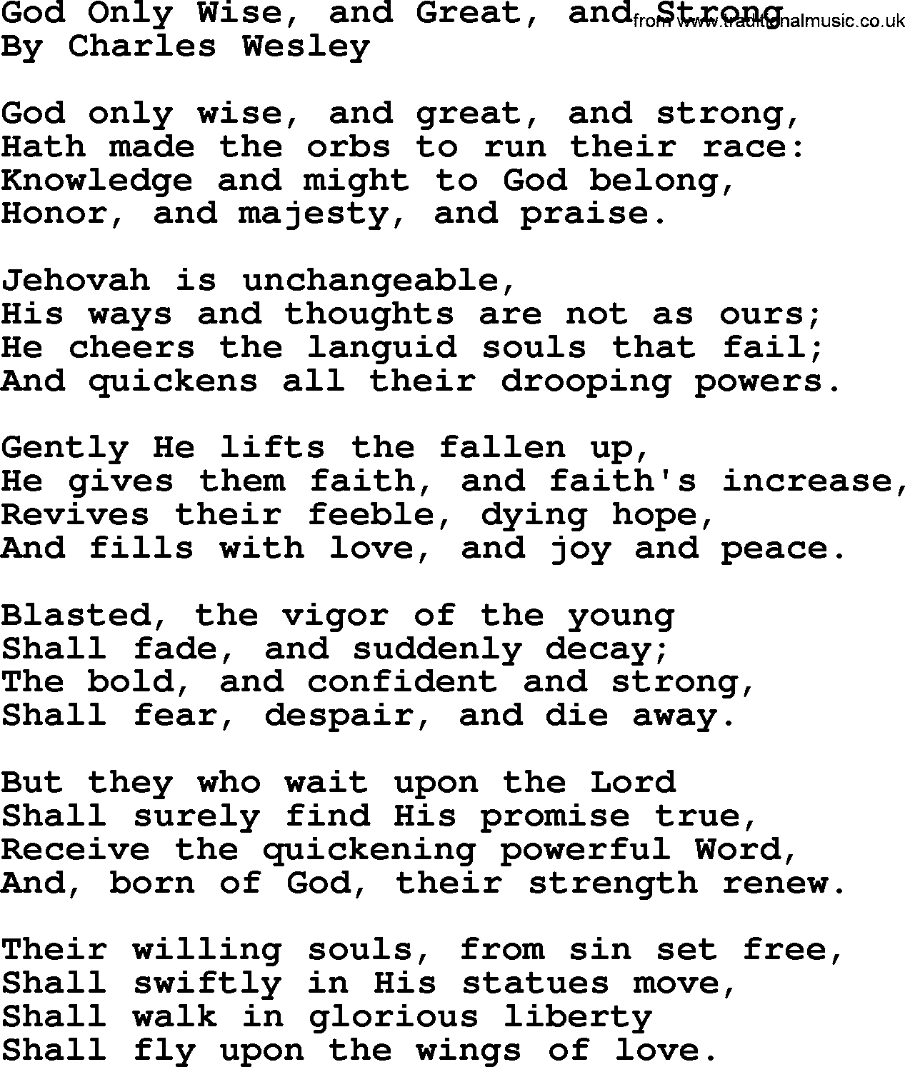 Charles Wesley hymn: God Only Wise, and Great, and Strong, lyrics