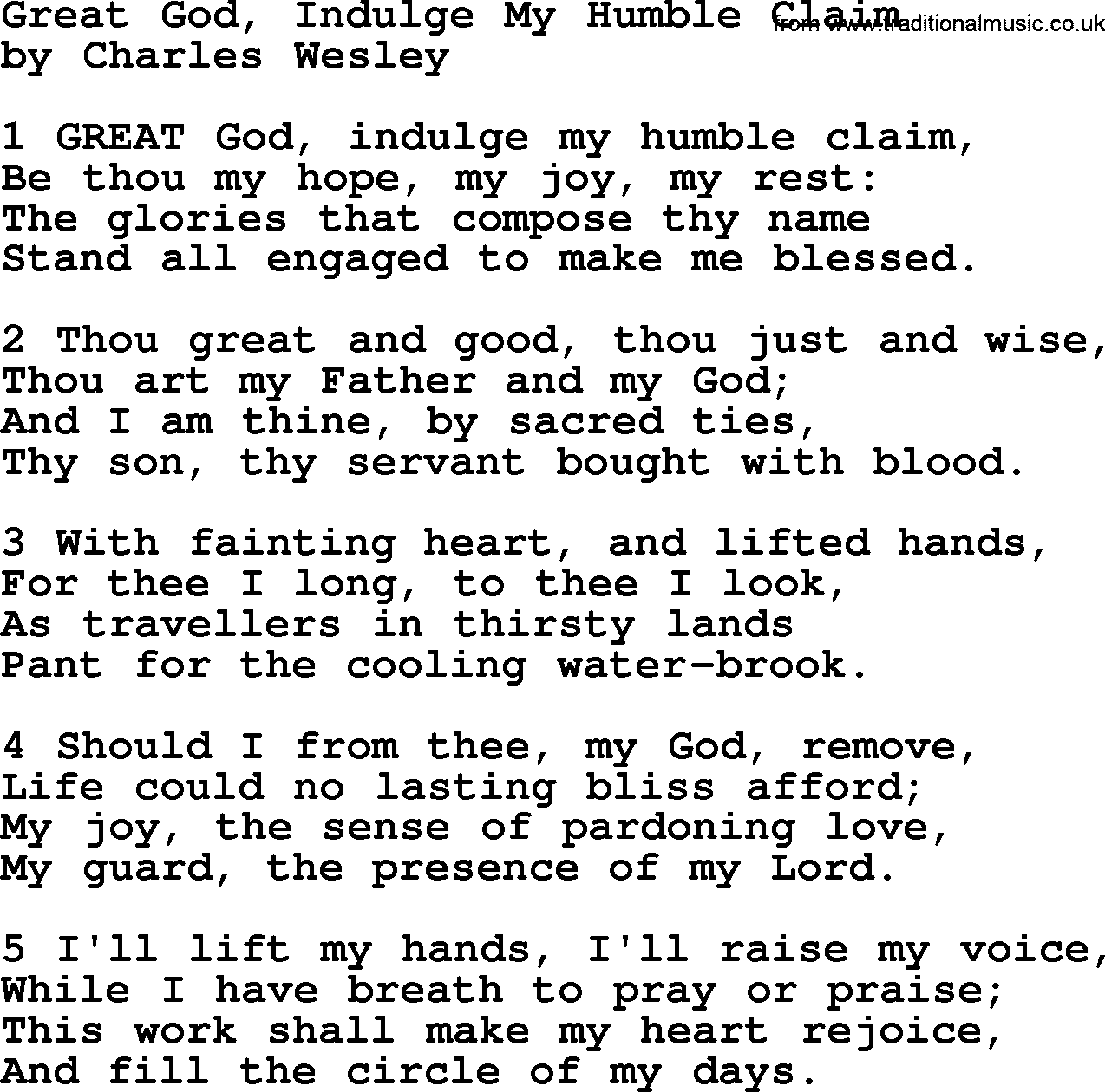 Charles Wesley hymn: Great God, Indulge My Humble Claim, lyrics