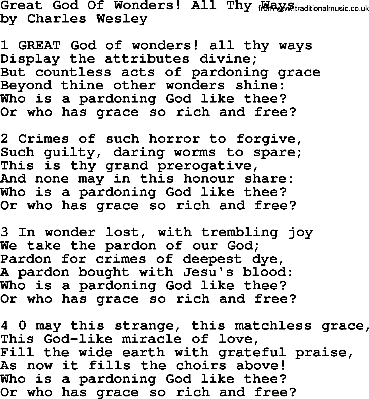 Charles Wesley hymn: Great God Of Wonders! All Thy Ways, lyrics