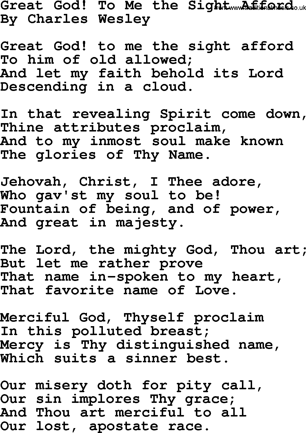 Charles Wesley hymn: Great God! To Me The Sight Afford, lyrics