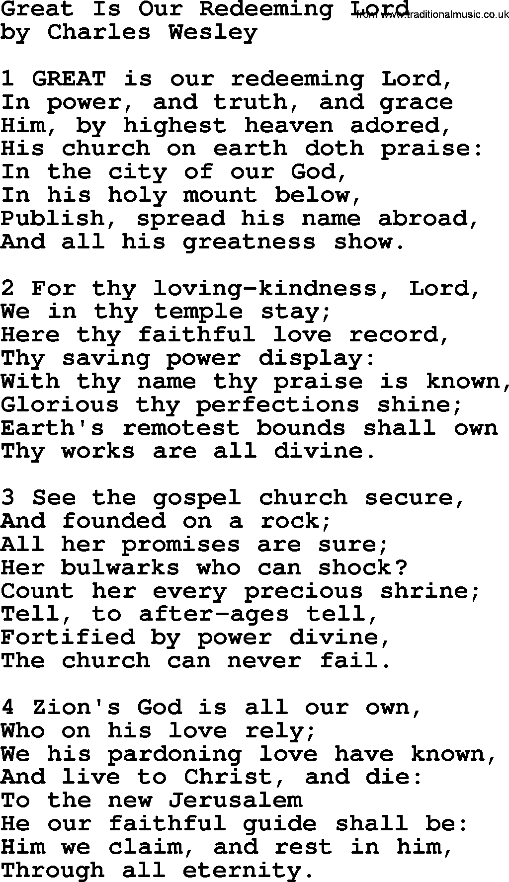 Charles Wesley hymn: Great Is Our Redeeming Lord, lyrics