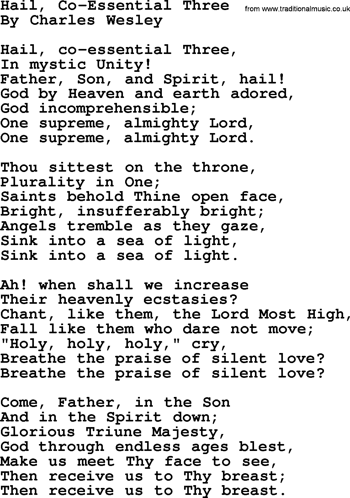 Charles Wesley hymn: Hail, Co-essential Three, lyrics