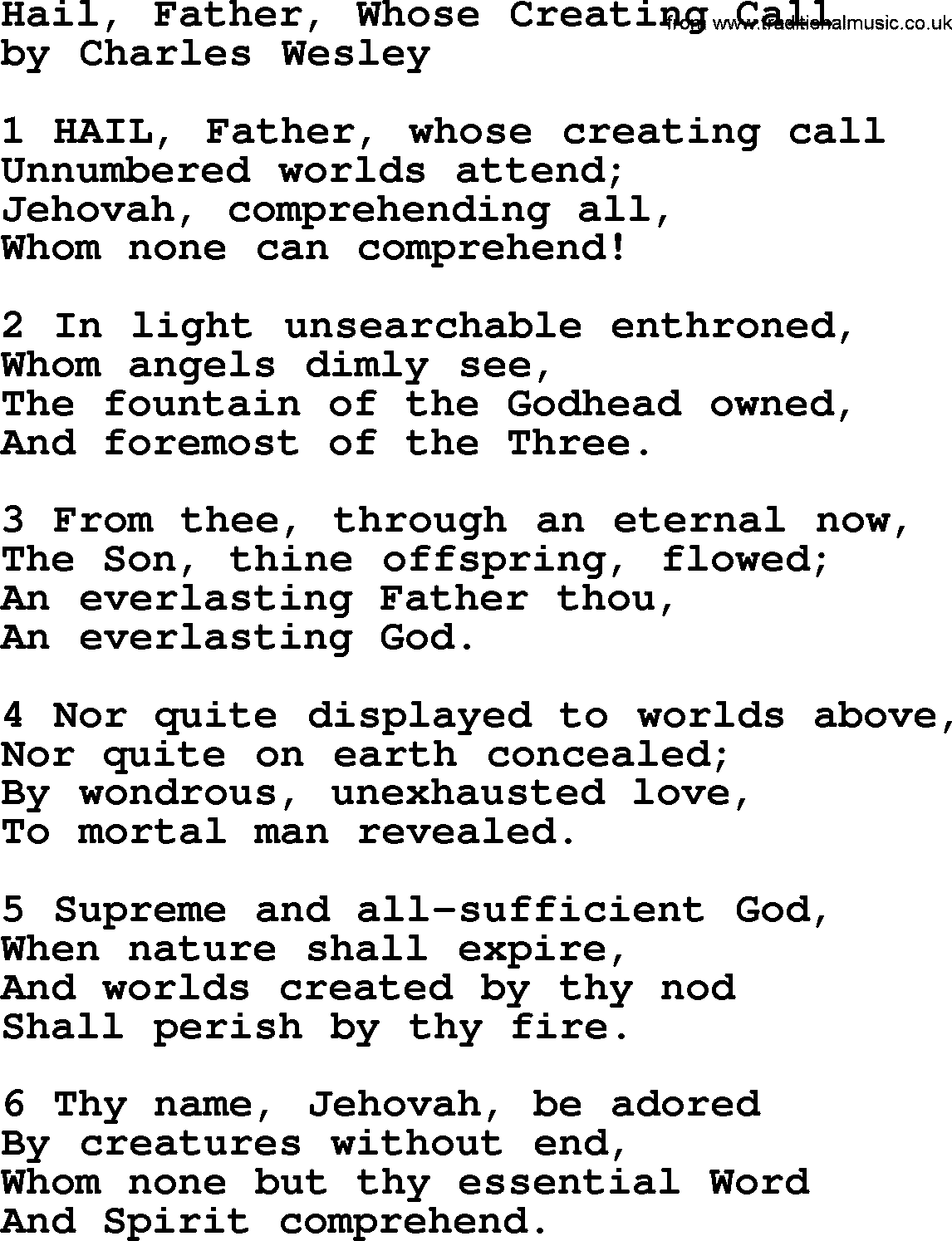 Charles Wesley hymn: Hail, Father, Whose Creating Call, lyrics