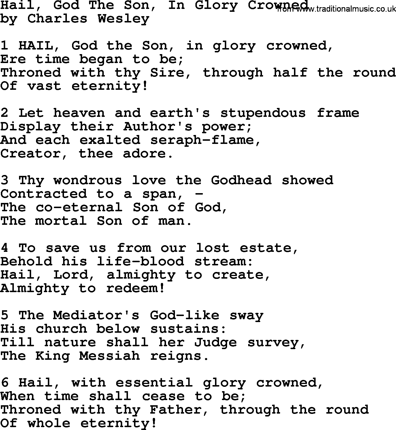 Charles Wesley hymn: Hail, God The Son, In Glory Crowned, lyrics