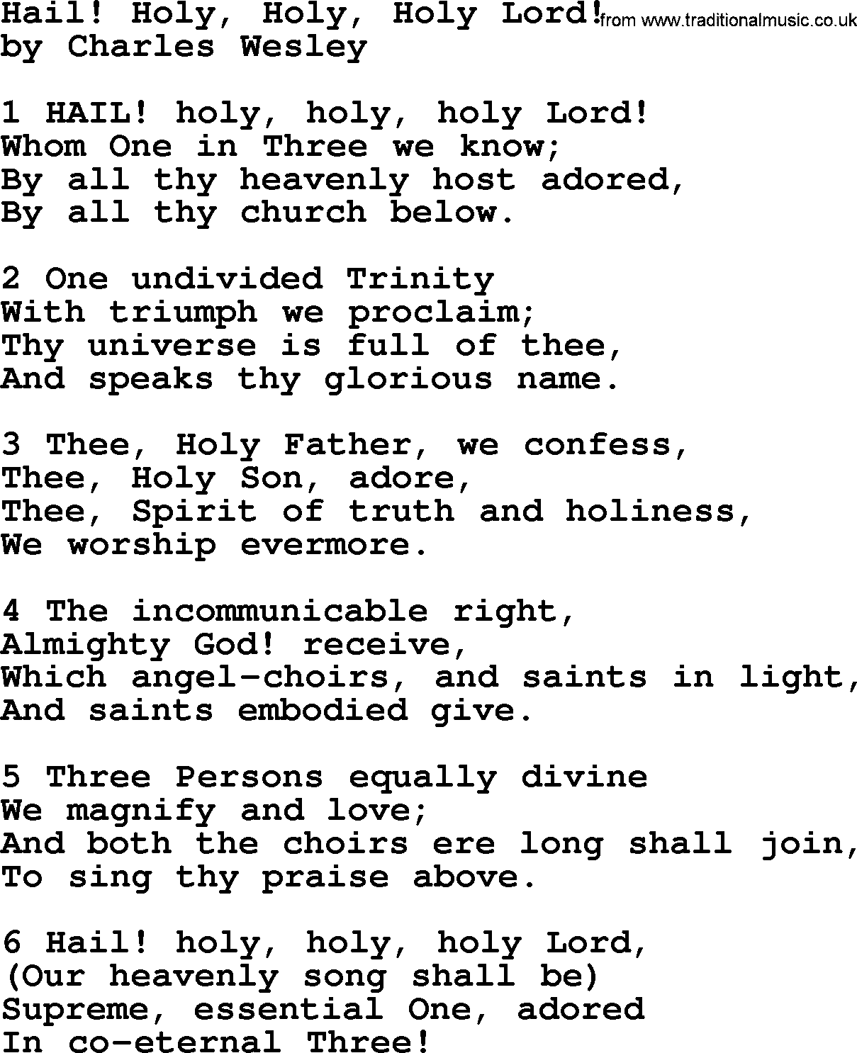 Charles Wesley hymn: Hail! Holy, Holy, Holy Lord!, lyrics