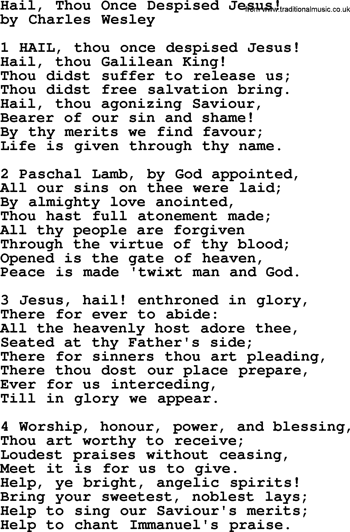 Charles Wesley hymn: Hail, Thou Once Despised Jesus!, lyrics