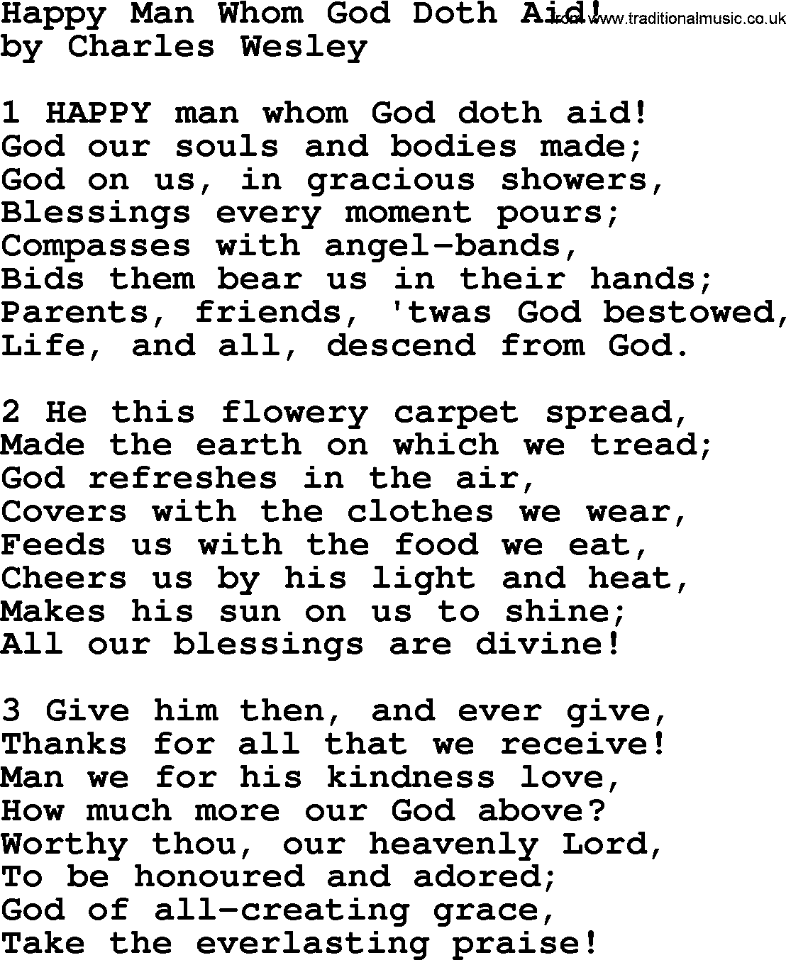 Charles Wesley hymn: Happy Man Whom God Doth Aid!, lyrics