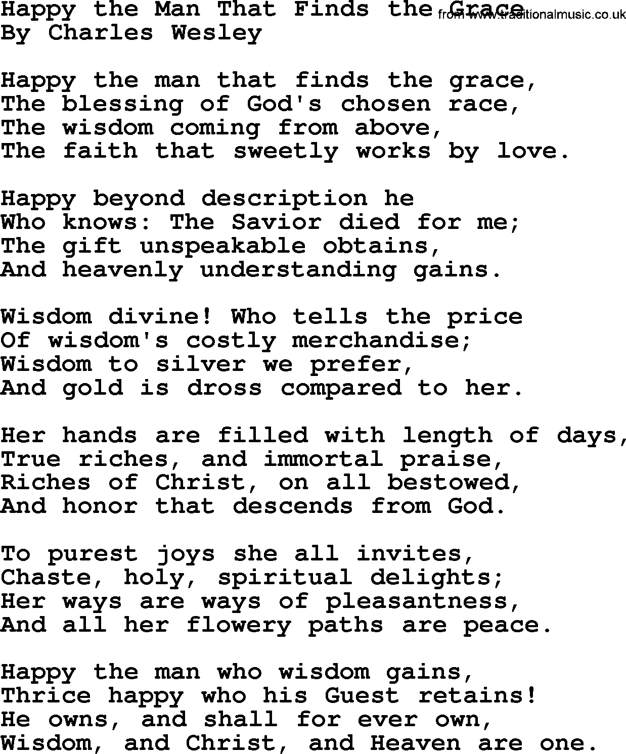 Charles Wesley hymn: Happy The Man That Finds The Grace, lyrics