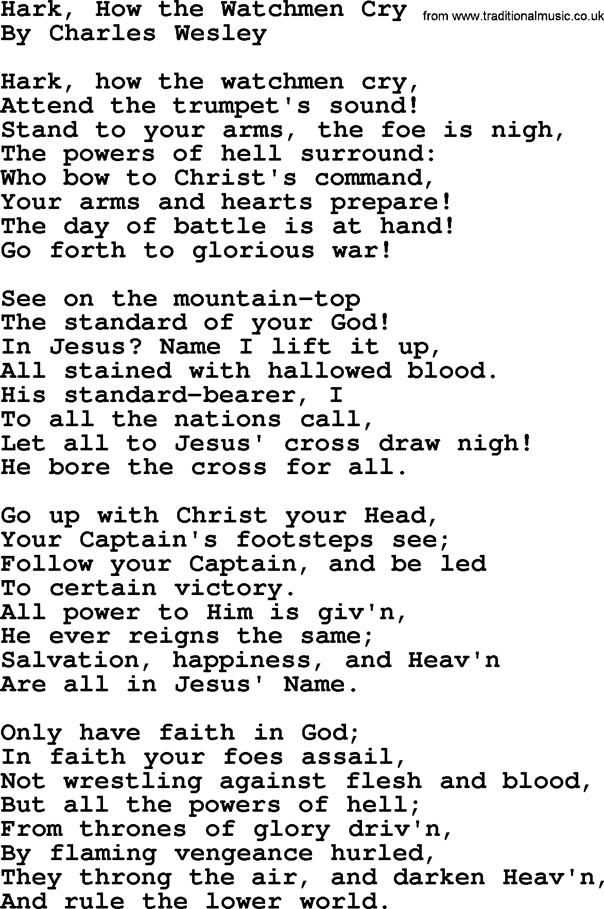 Charles Wesley hymn: Hark, How The Watchmen Cry, lyrics